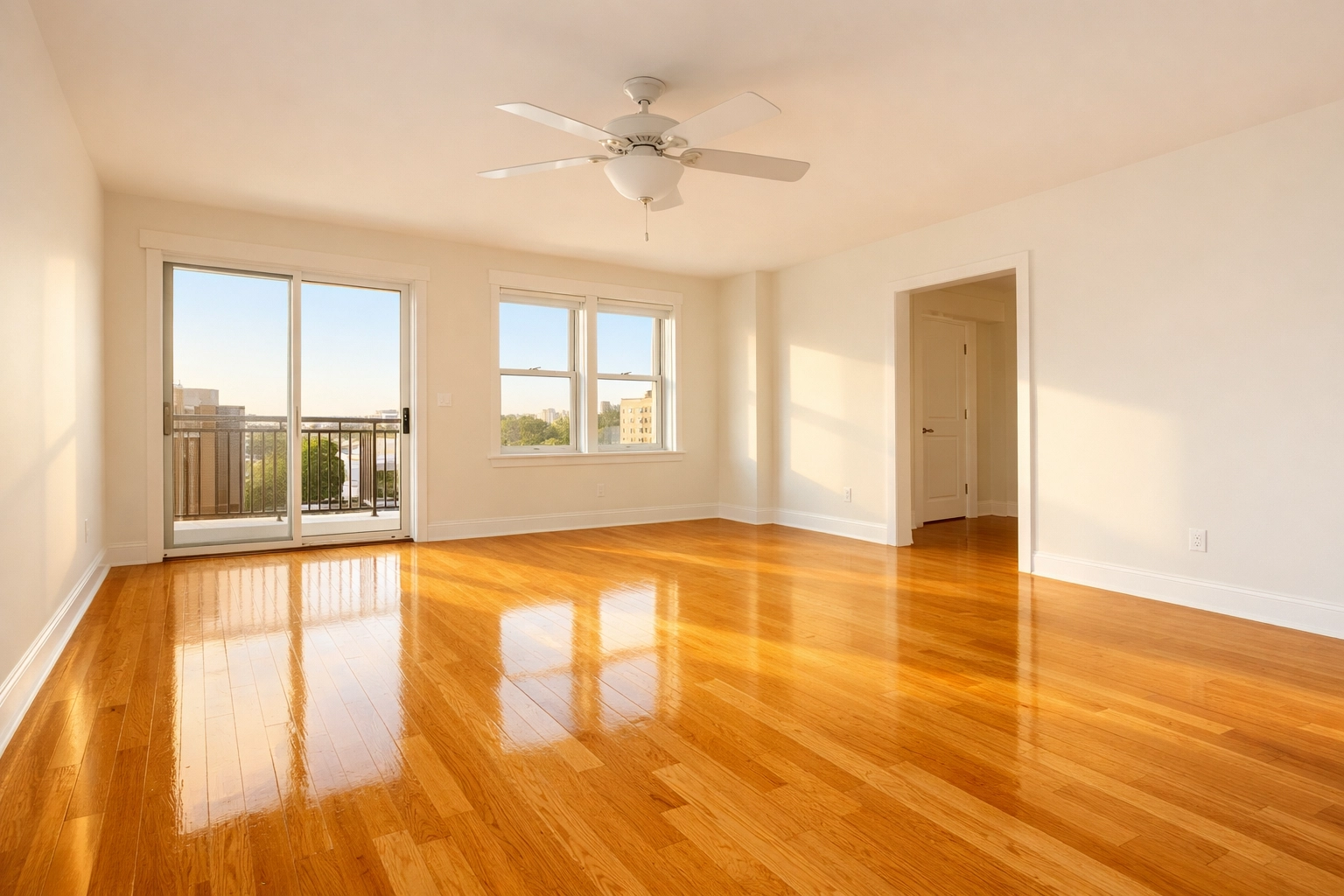 Move-in ready apartment living room with clean hardwood floors and natural light