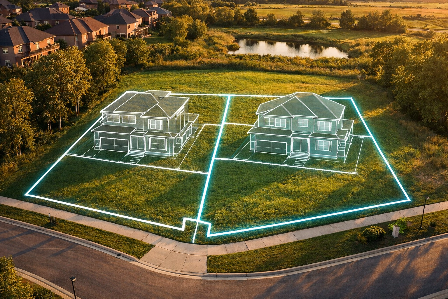 Aerial view of an Ontario lot with technical CAD overlays showing a severance application property split.