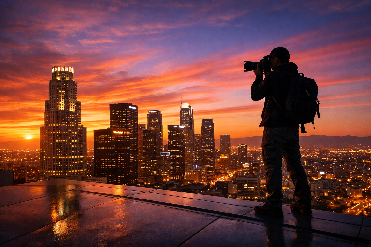 Expert photographer in Los Angeles capturing the city skyline at golden hour for a professional shoot.