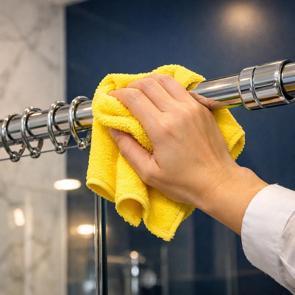 Cleaning shower curtain rings with a microfiber cloth during bi weekly house cleaning.