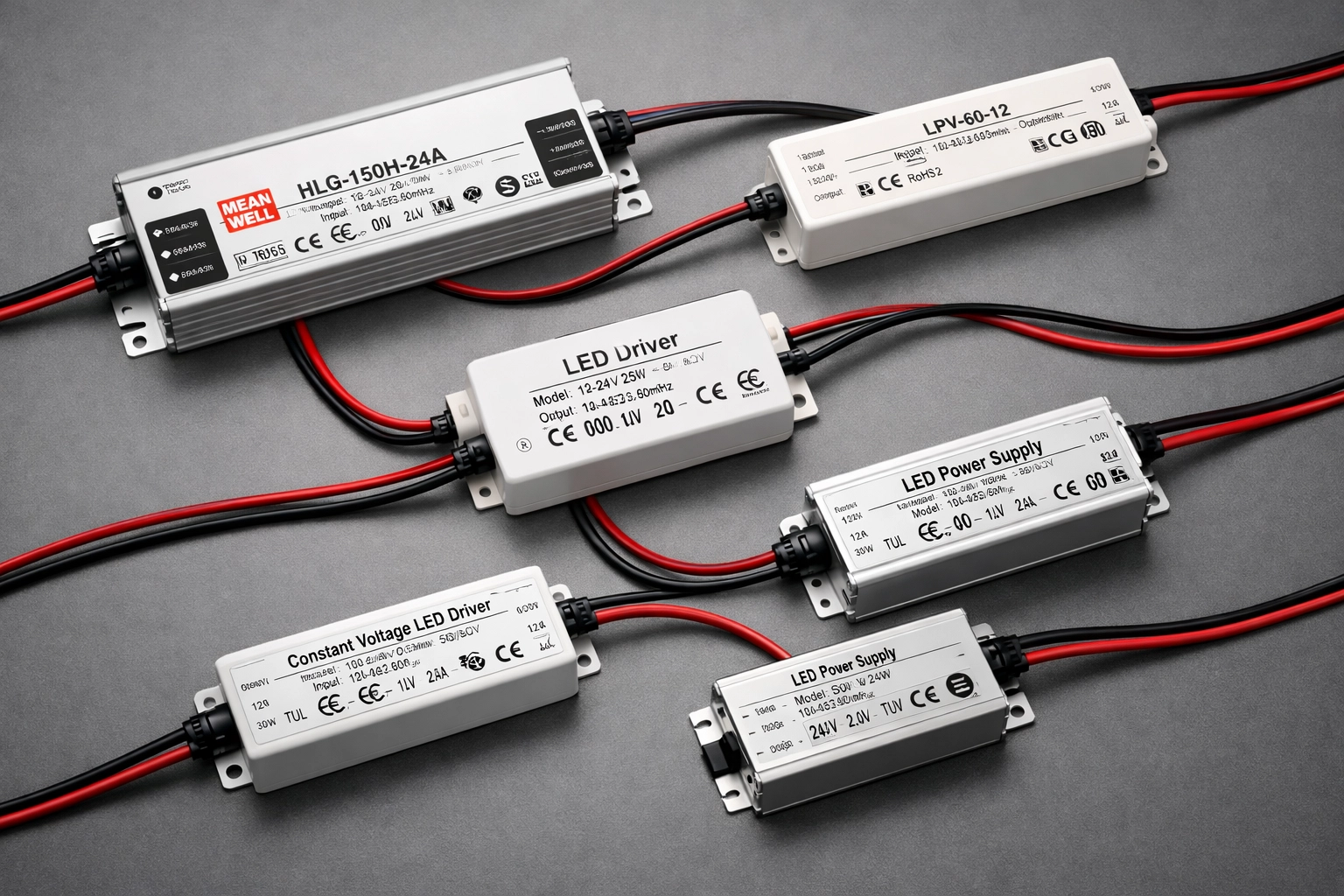 Drivers et alimentations LED certifiés avec câblage professionnel rouge et noir