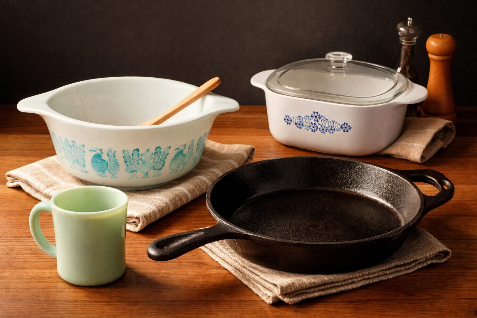 Assorted vintage kitchenware like Pyrex bowls, Fire-King mugs, cast iron skillet, and Corningware dish display collectible value