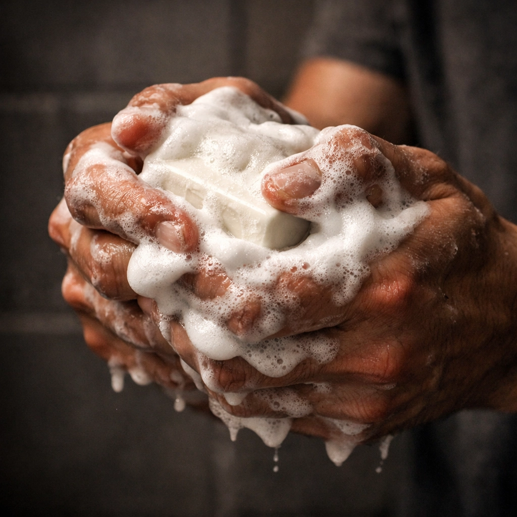 Hands creating a thick, rich lather using a solid beard wash bar for deep beard cleaning.