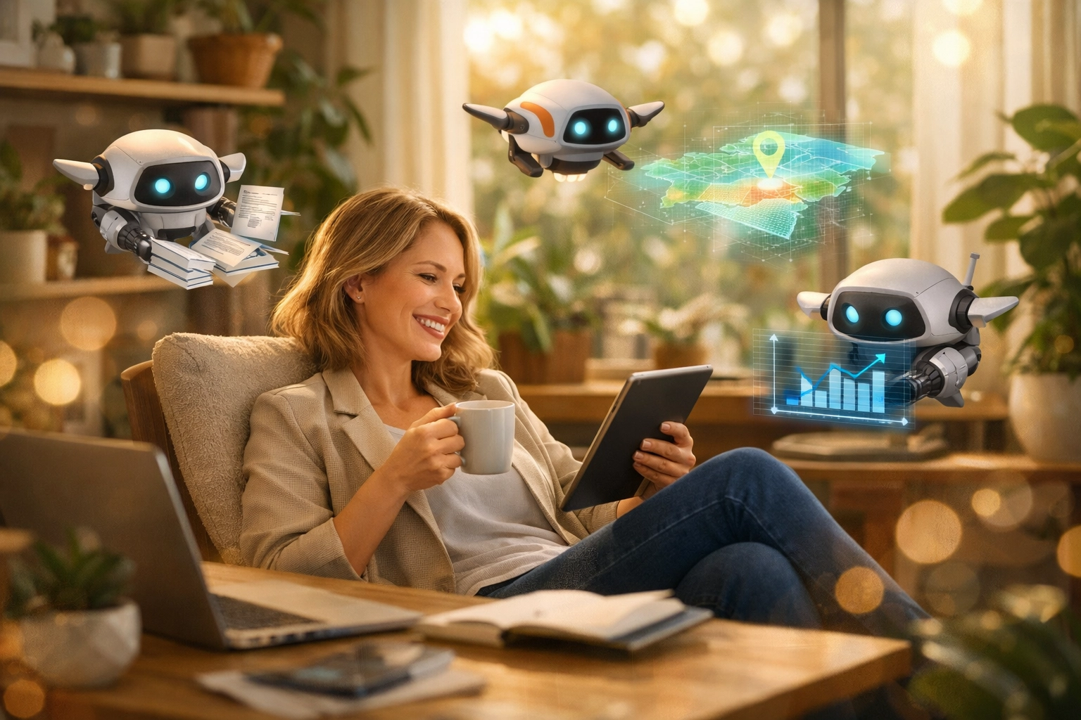 Professional woman managing small AI assistant robots in a productive home office environment.