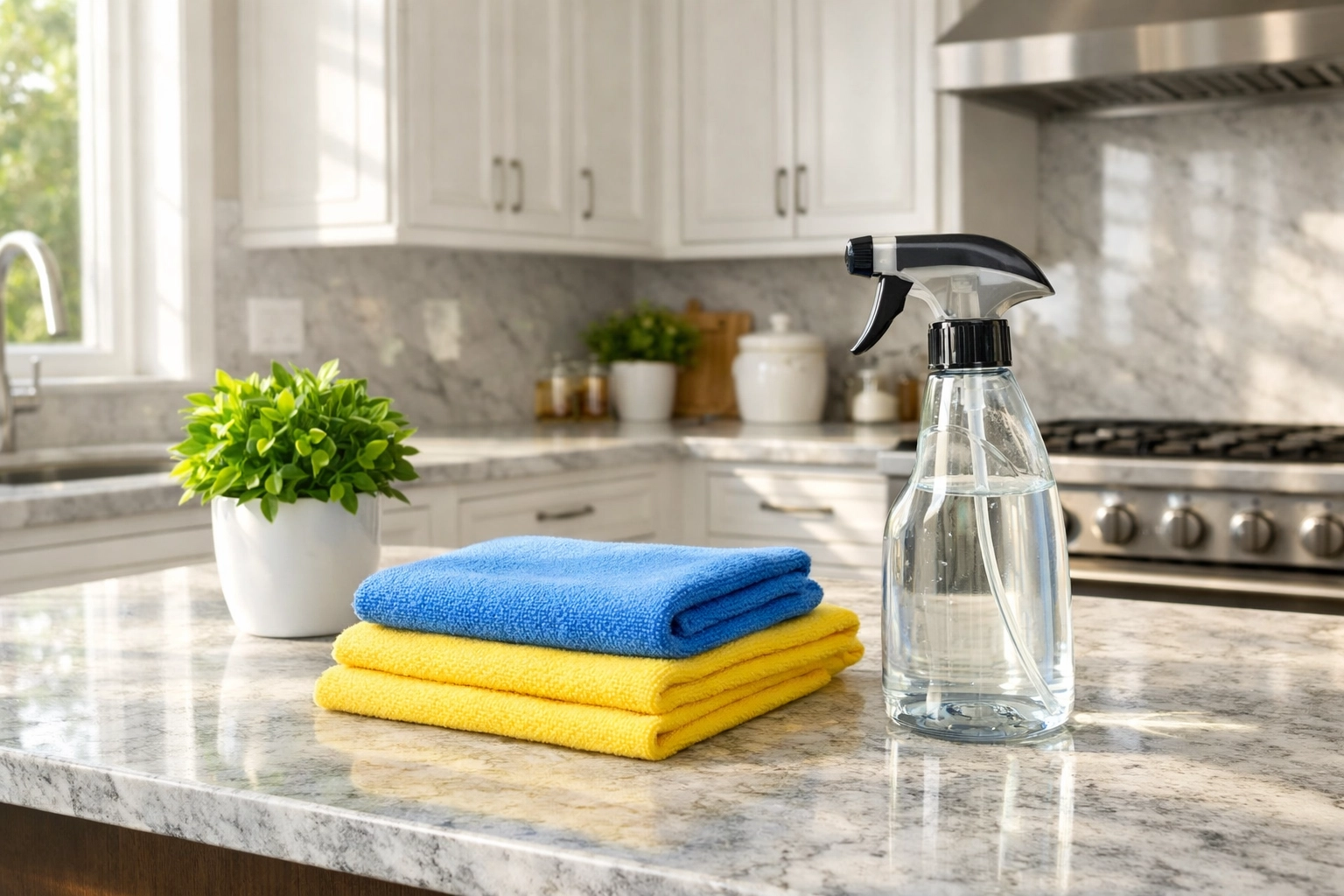 Professional cleaners Westborough MA sanitizing a modern kitchen with eco-friendly supplies for family safety.
