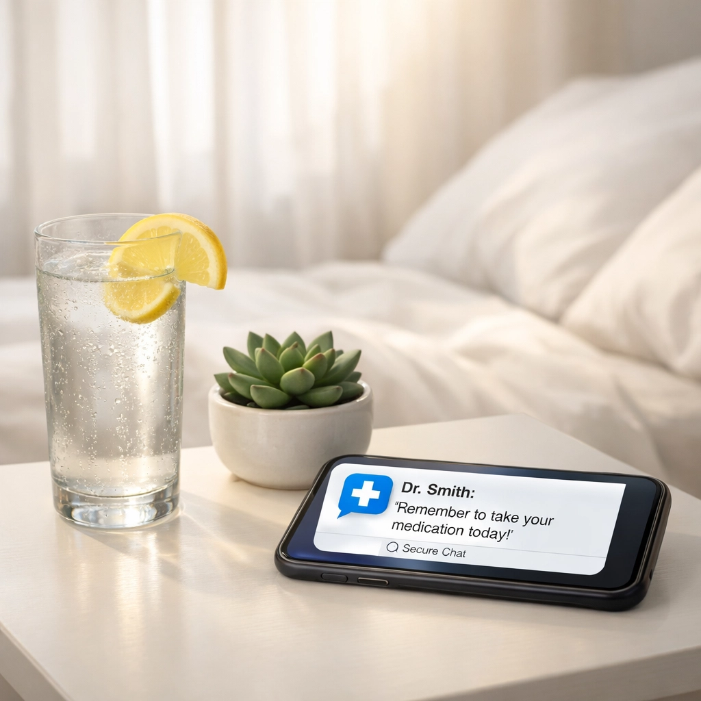 Healthy lifestyle setting with lemon water and a smartphone showing a secure medical chat notification.