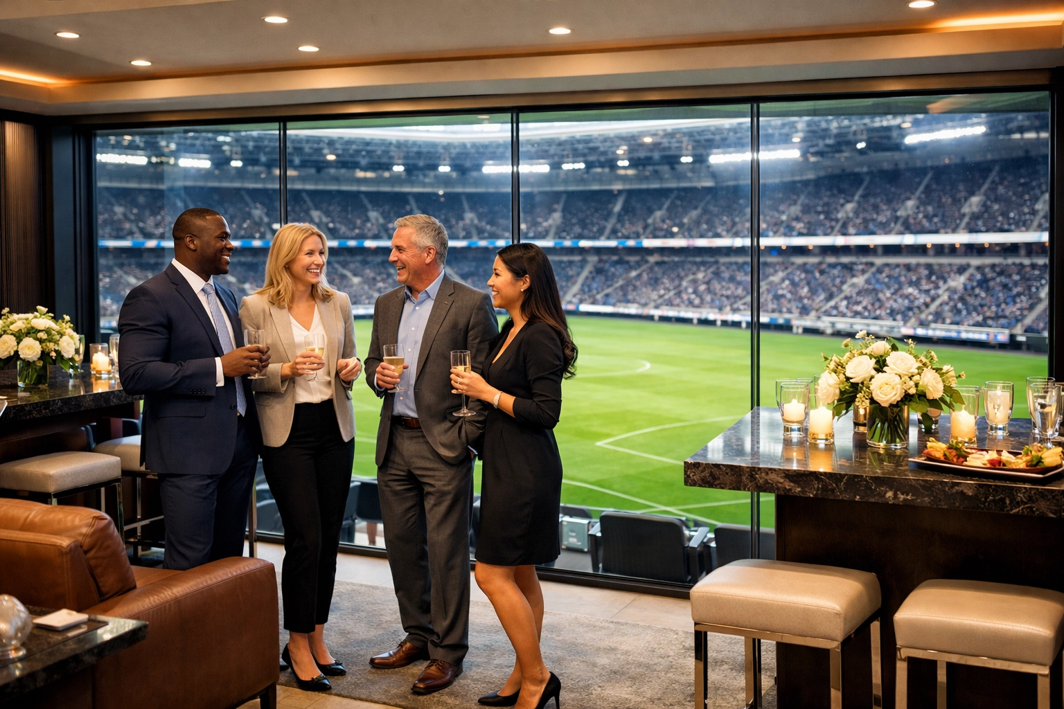 PRESS RELEASE: 7 Mistakes You’re Making with Super Bowl Corporate Hospitality (and How to Fix Them Before Kickoff) Executives networking in a luxury Super Bowl hospitality suite with stadium views for corporate ROI.