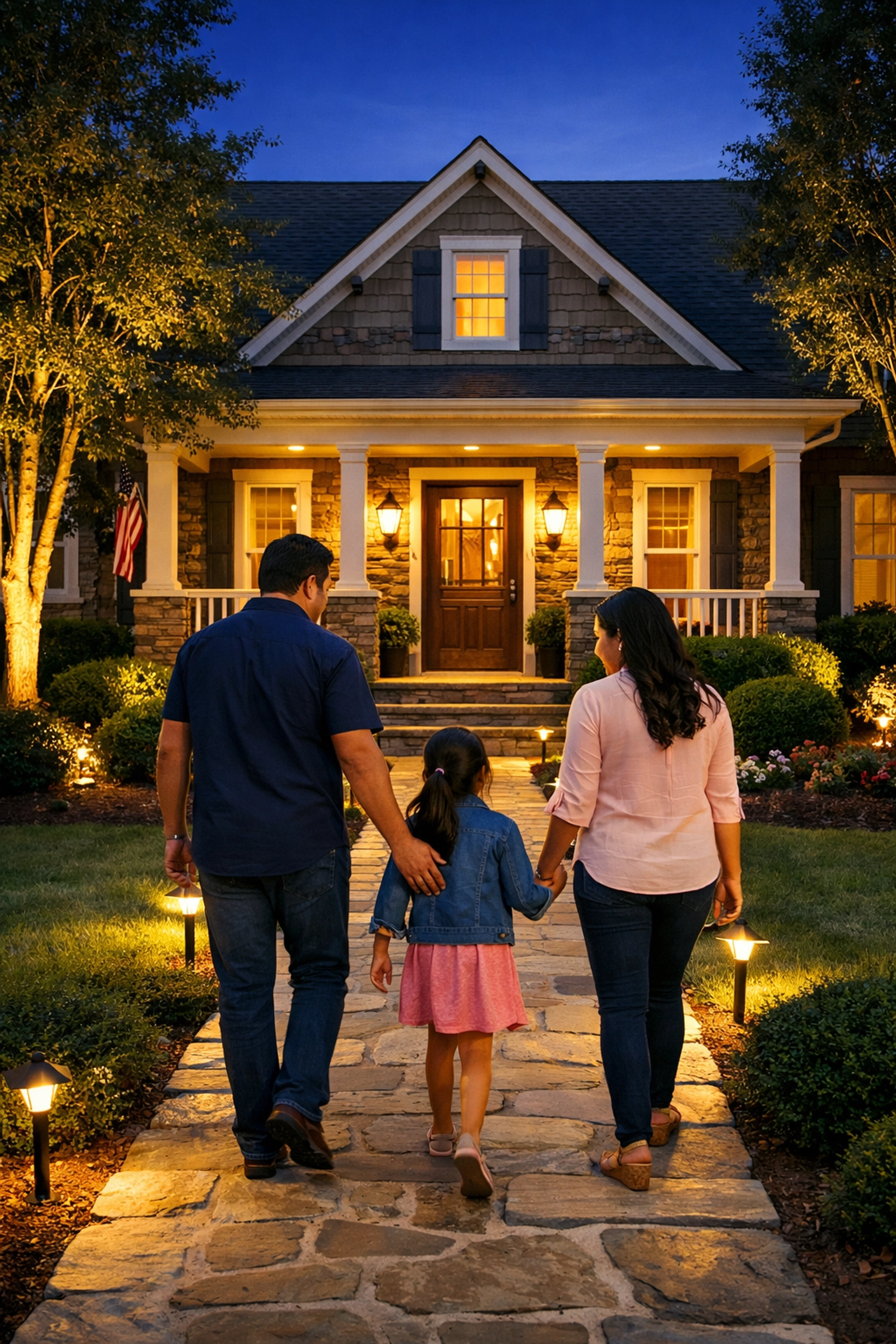 Family approaching their Atlanta home at dusk with warm pathway and porch lighting enhancing curb appeal