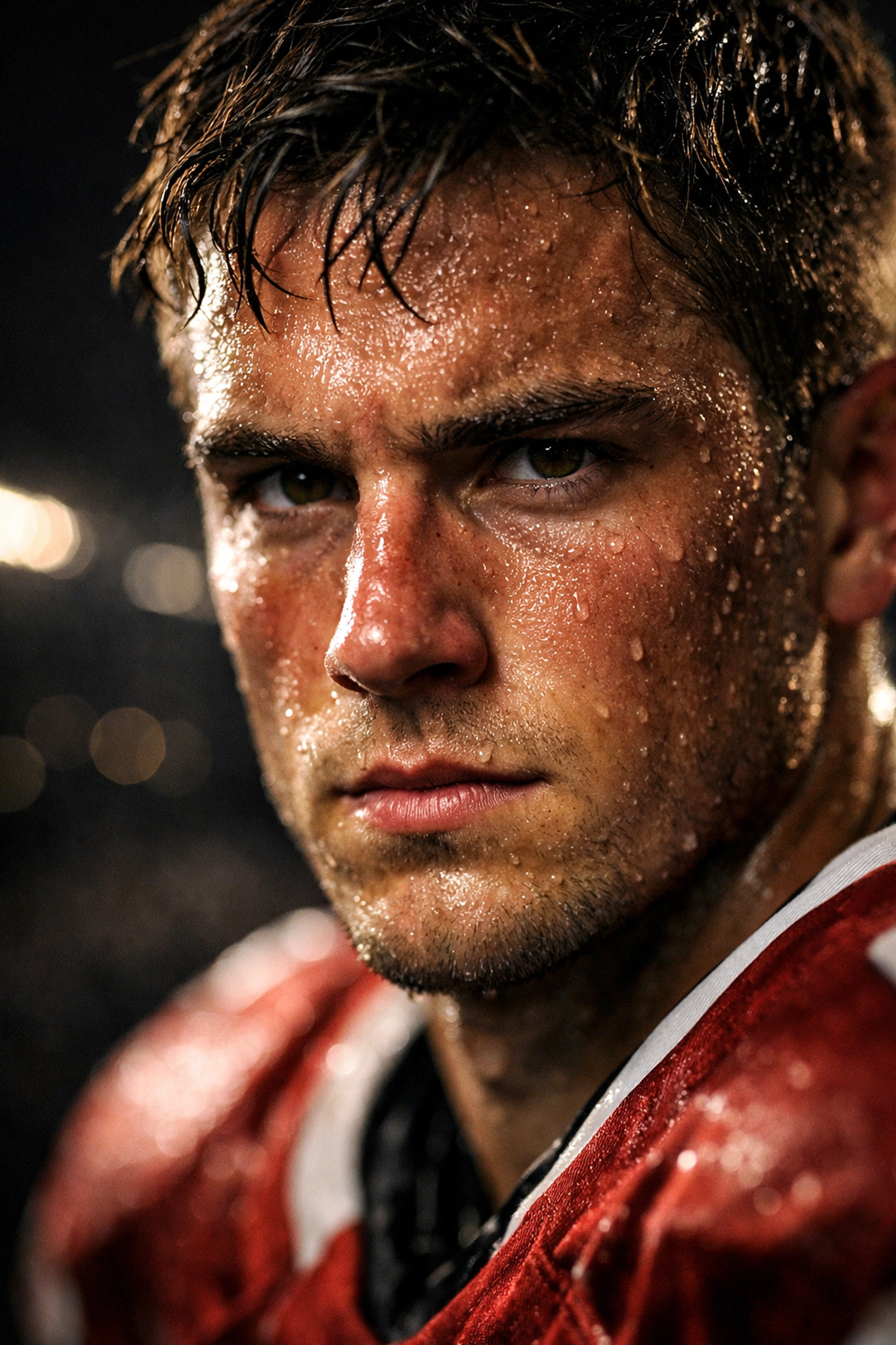 Close-up of a determined athlete’s intense gaze, highlighting the mental toughness needed for high performance.