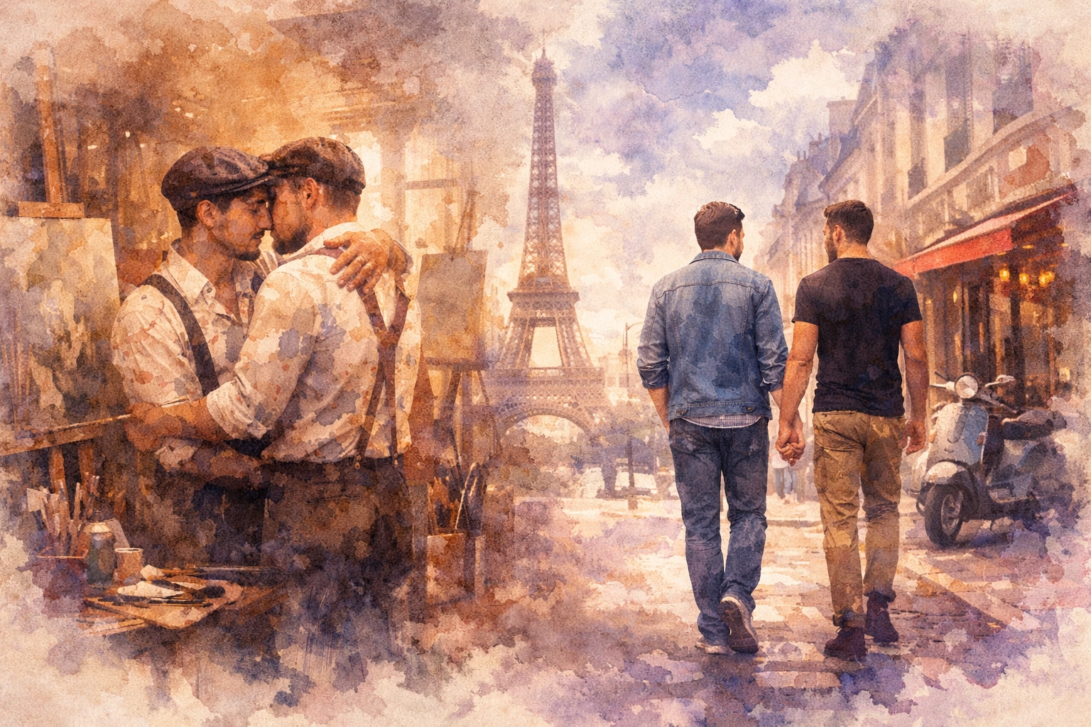 Historical and modern gay couples in Paris showing how MM romance echoes through time