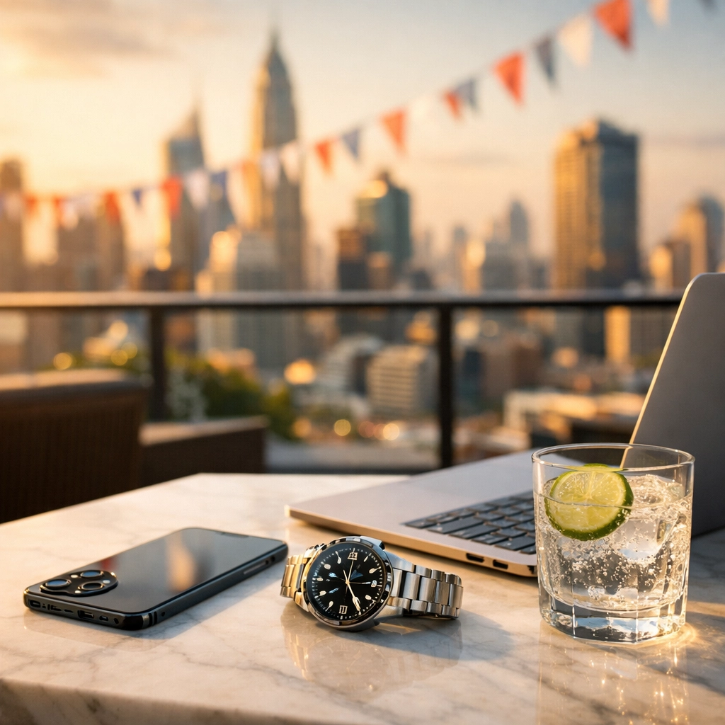 Professional executive workspace with city views, illustrating strategic corporate travel planning and AI analytics.