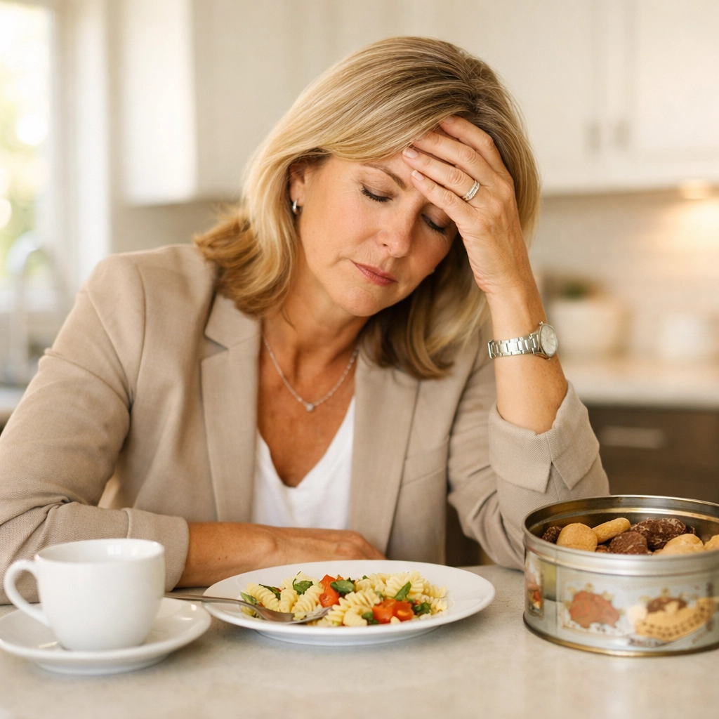 Professional woman experiencing afternoon energy crash and perimenopause fatigue at kitchen counter