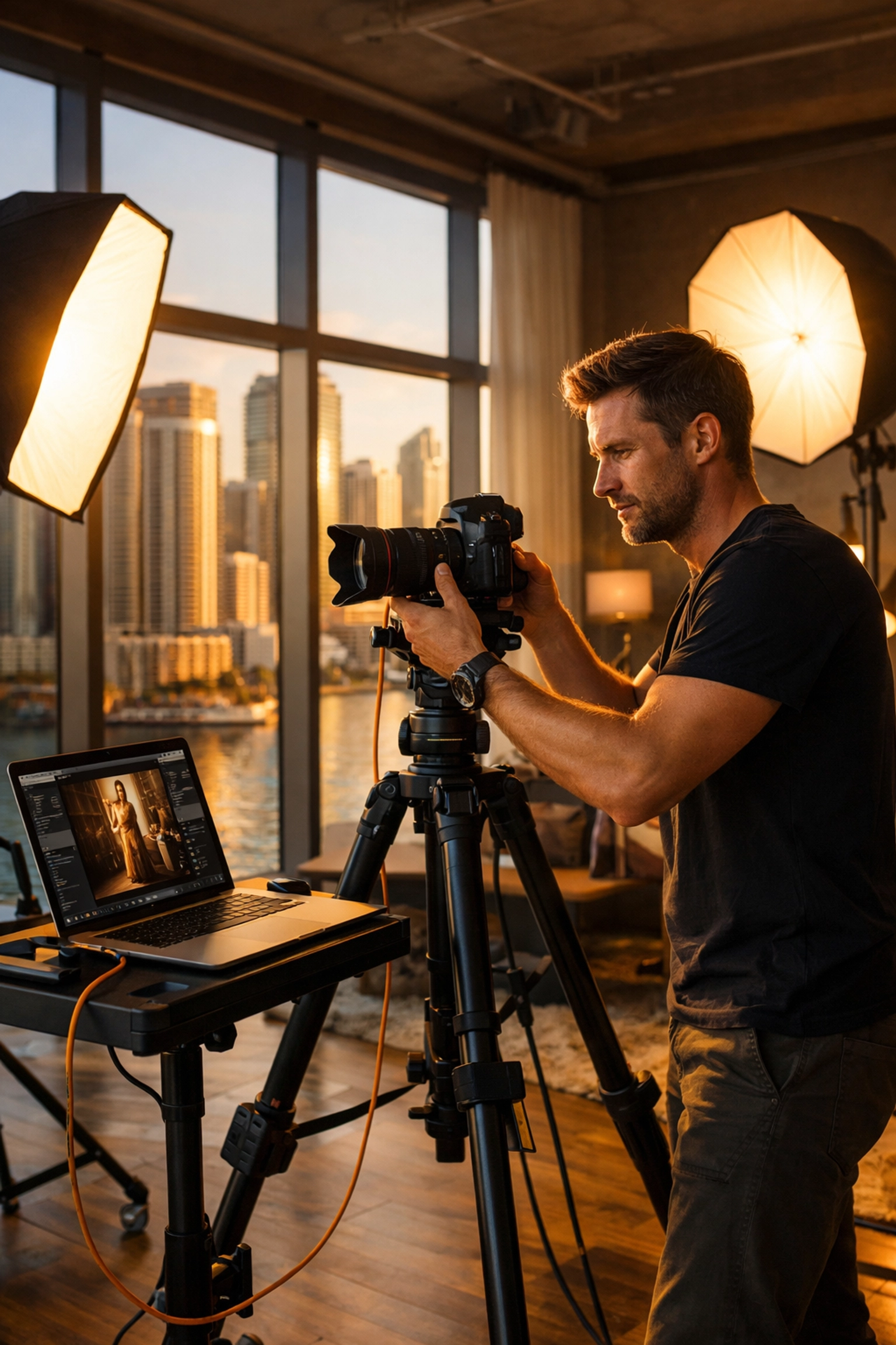 Professional commercial photographer working in a modern Miami loft with a view of the Brickell skyline.