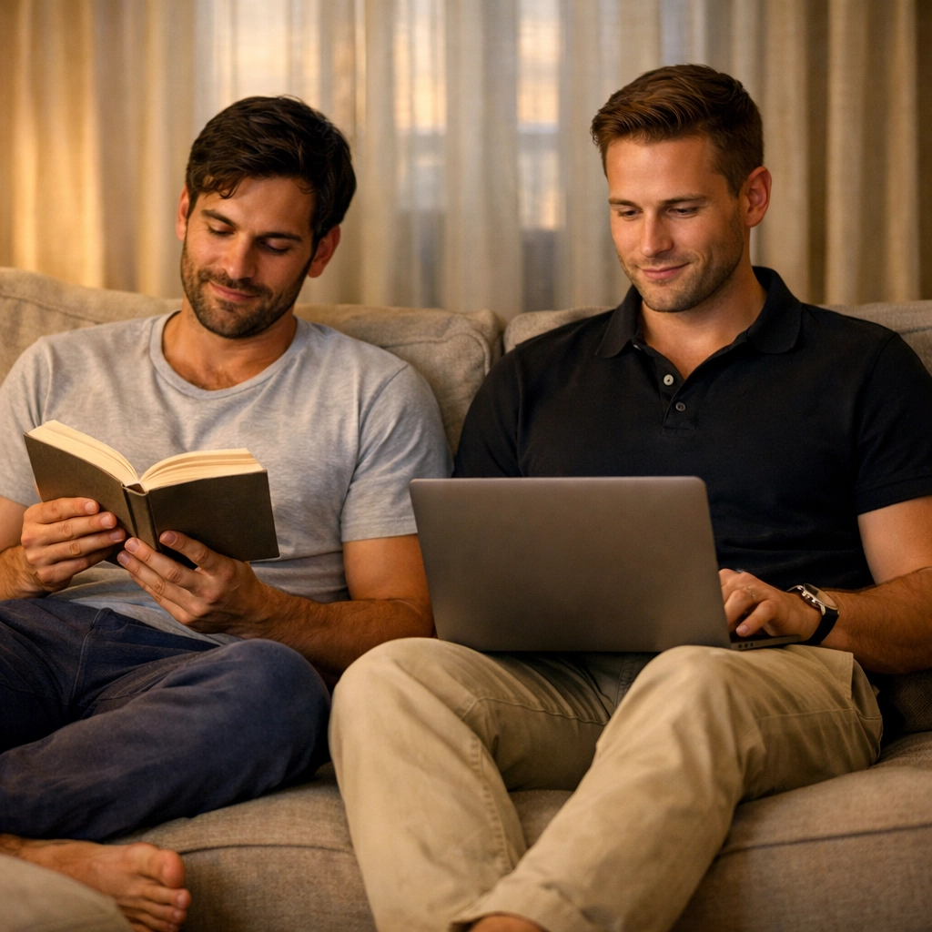 Domestic intimacy between two men on sofa - MM romance everyday moments