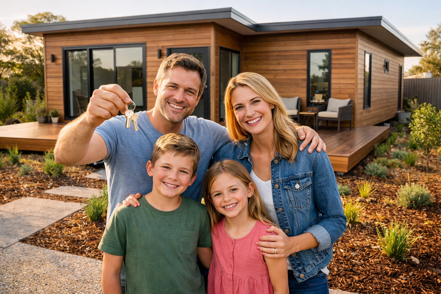Happy Australian family with keys in front of their new modular home