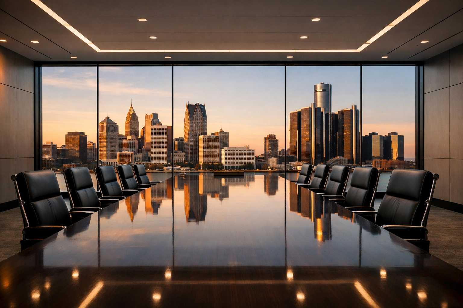 Sophisticated Detroit corporate boardroom with a polished table reflecting high-standard professional cleaning.