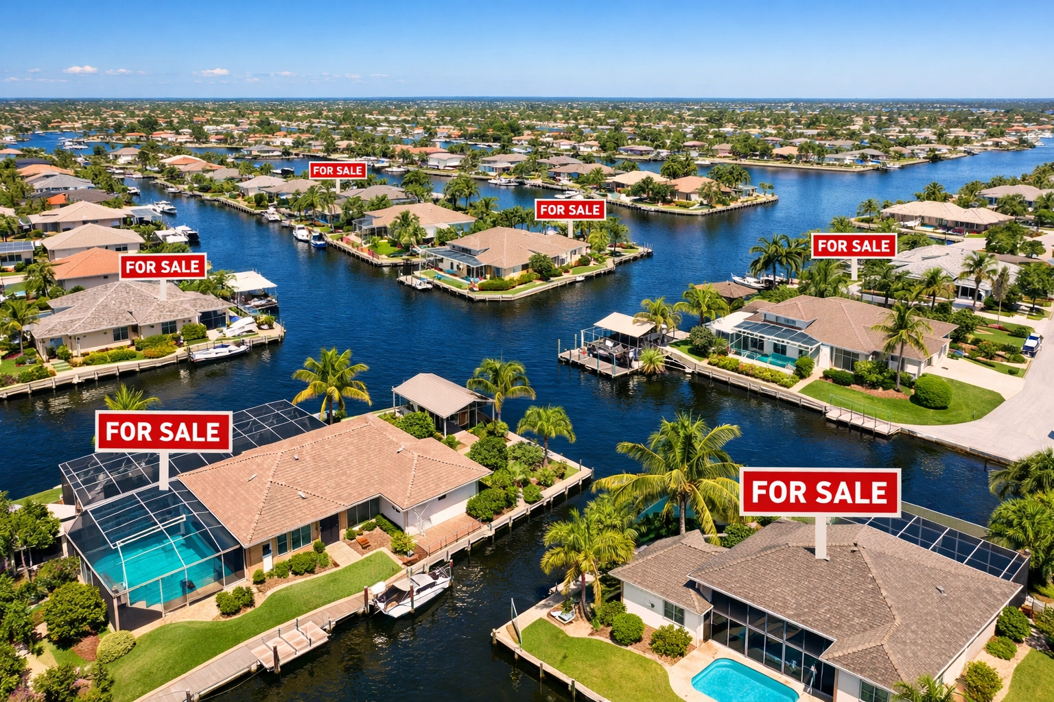 Aerial view of Cape Coral neighborhoods with for sale signs showing buyer's market inventory