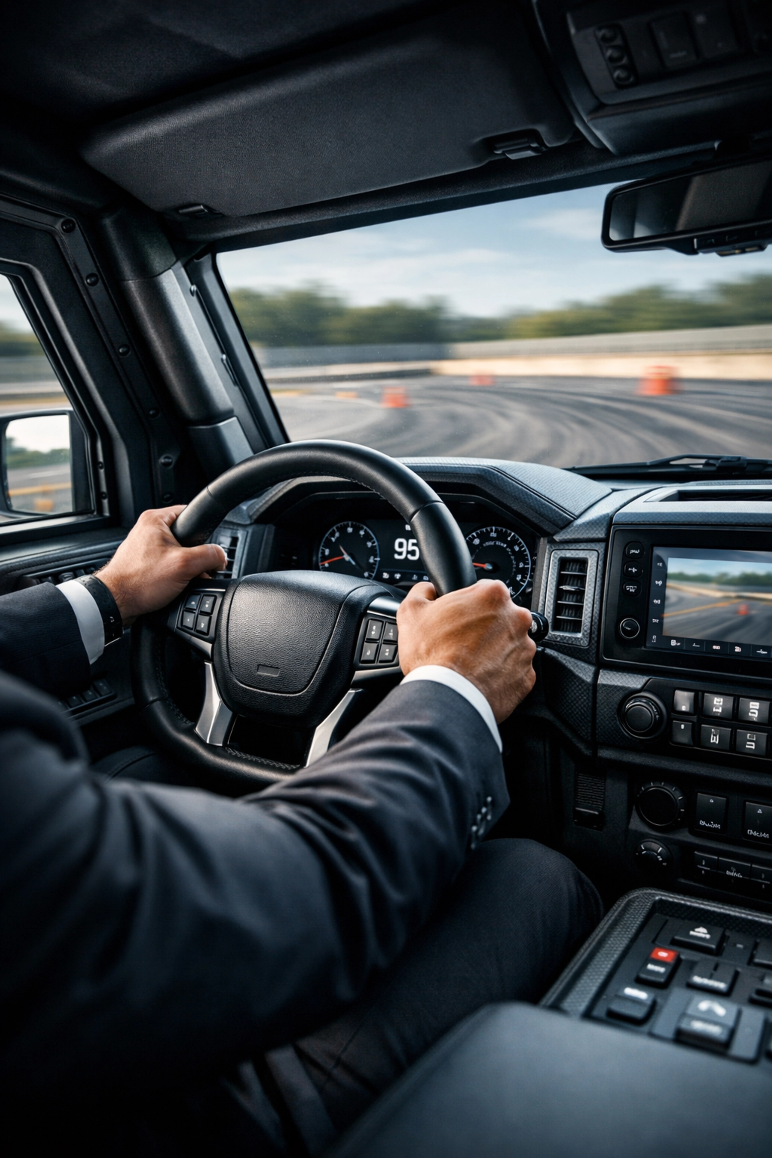 Professional security driver in Medellin performing tactical defensive maneuvers in an armored executive SUV.