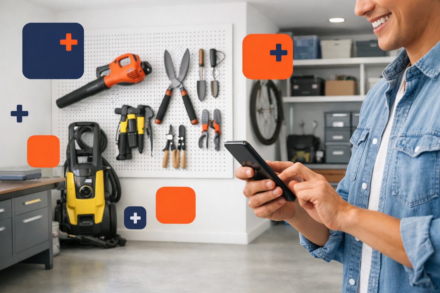 Person using a smartphone to list garage tools for rent on a local sharing economy platform.