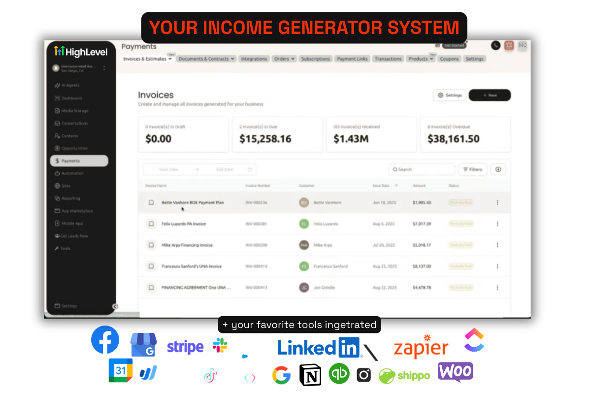 HighLevel dashboard displaying automated invoicing, payment tracking, and financial overview