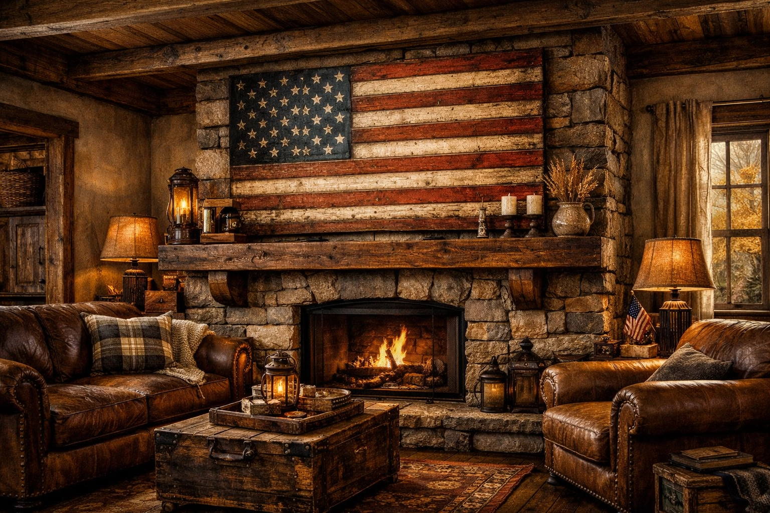 Large rustic American flag wall decor centerpiece hanging above a living room fireplace.