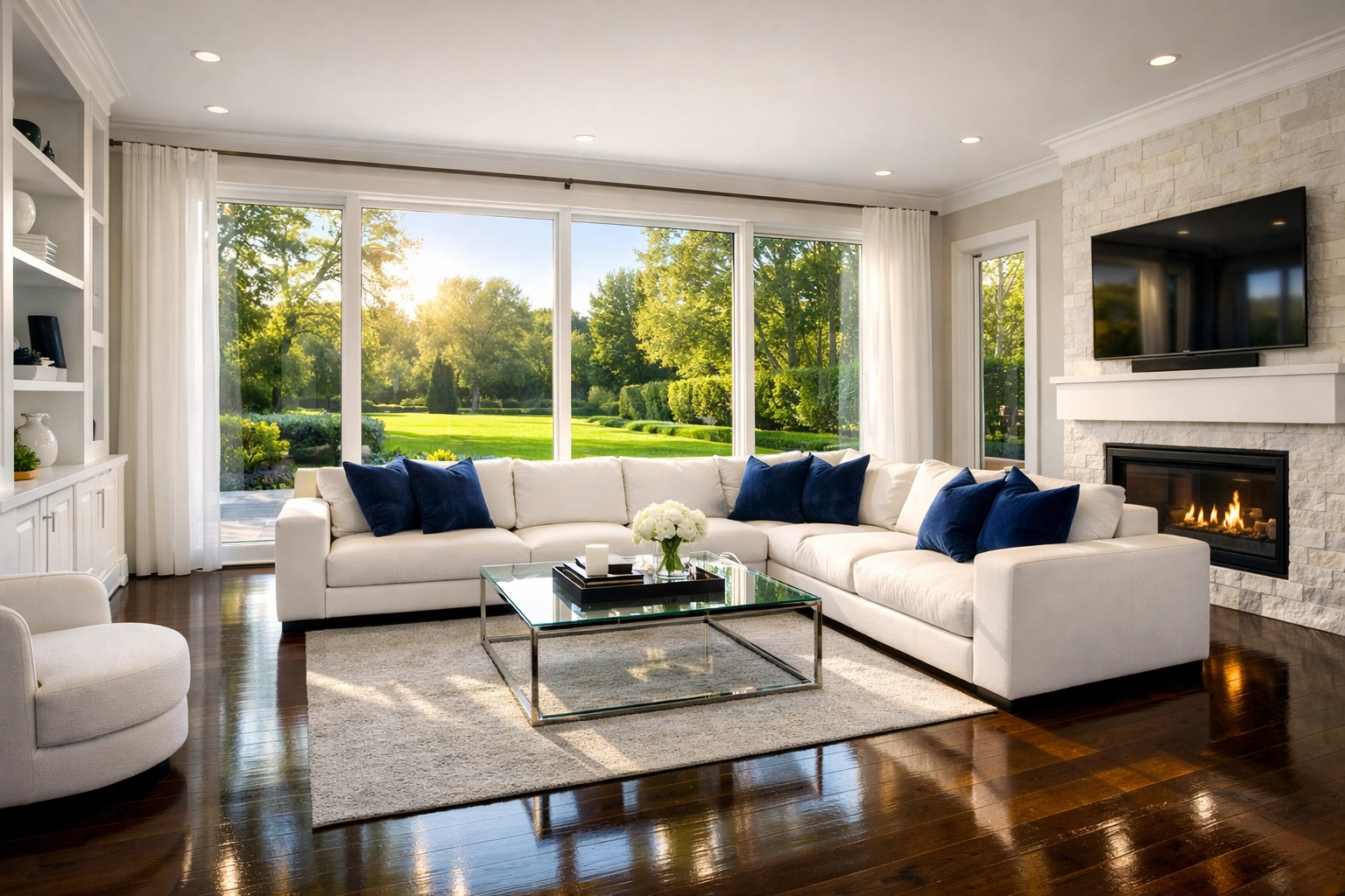 Spotless Westford living room showing the relaxing results of weekly house cleaning services.