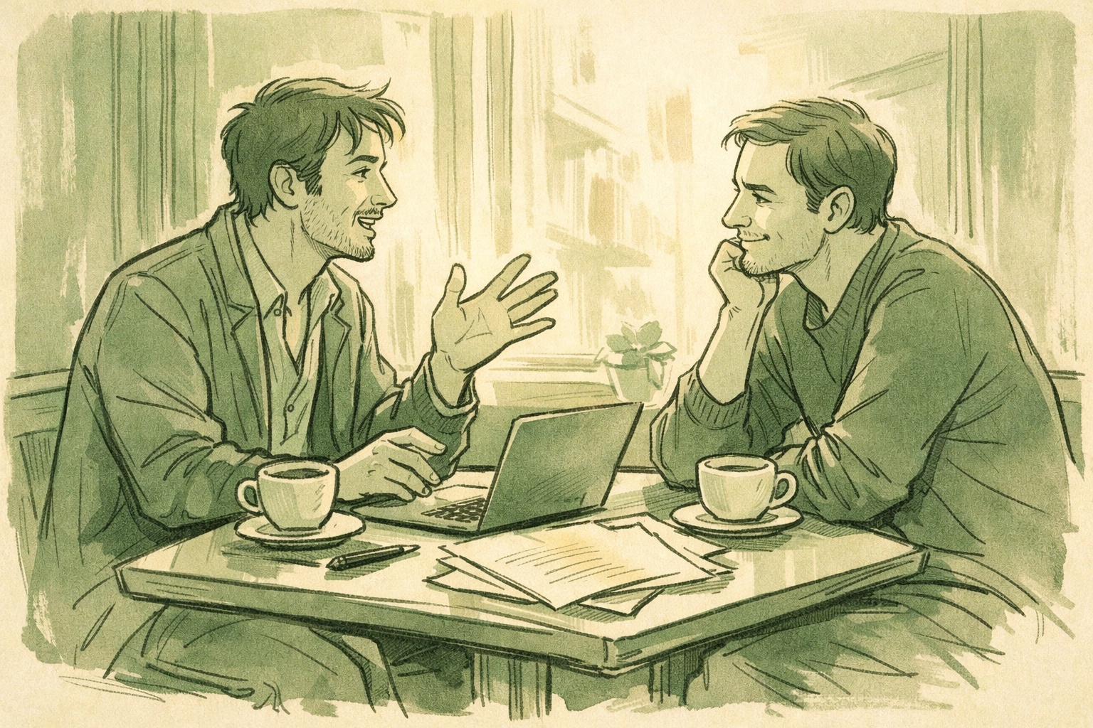 Male couple sharing private moment at café discussing ideas - MM romance