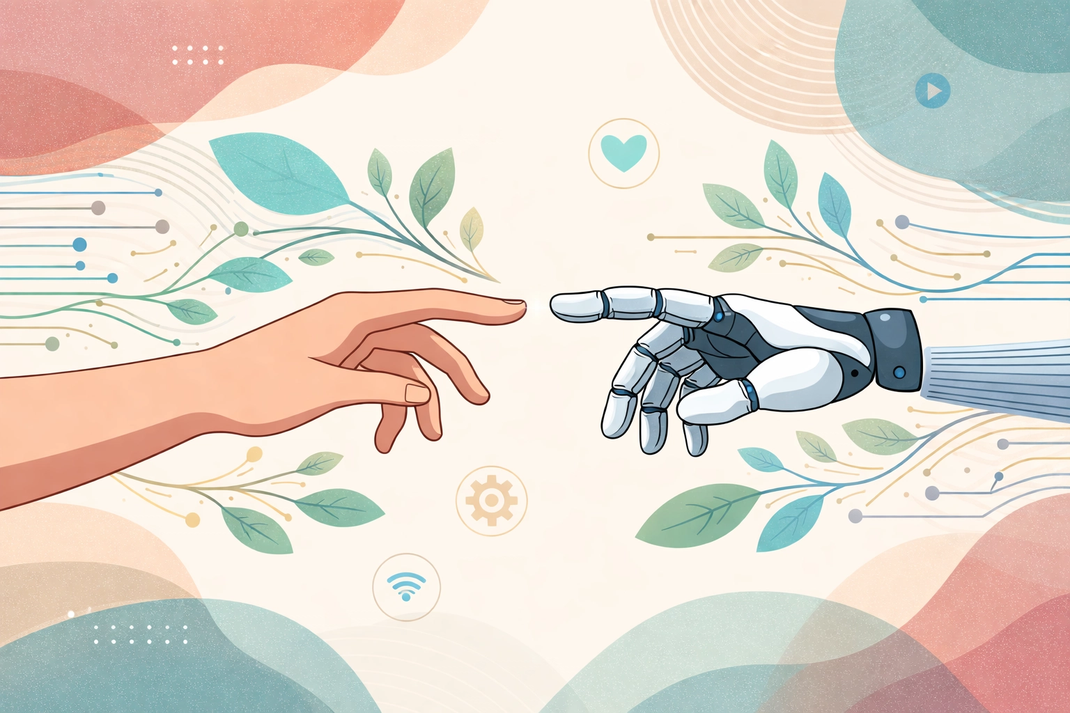 Human and robotic hands reaching out together symbolizing Canada's blend of technology and human skills