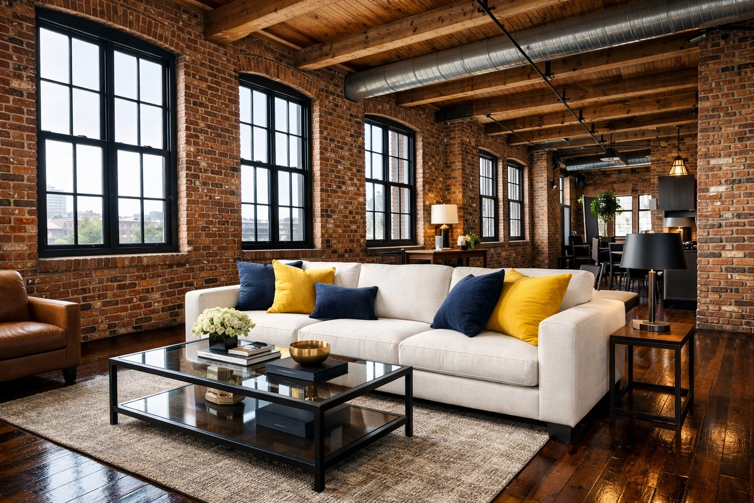 Immaculate house cleaning Lowell MA in a historic mill loft with polished floors and brick walls.
