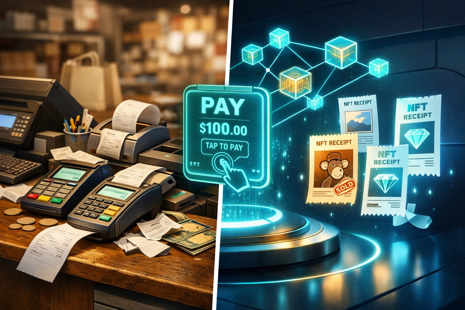 Traditional checkout counter versus Larecoin's VR crypto payment interface comparison