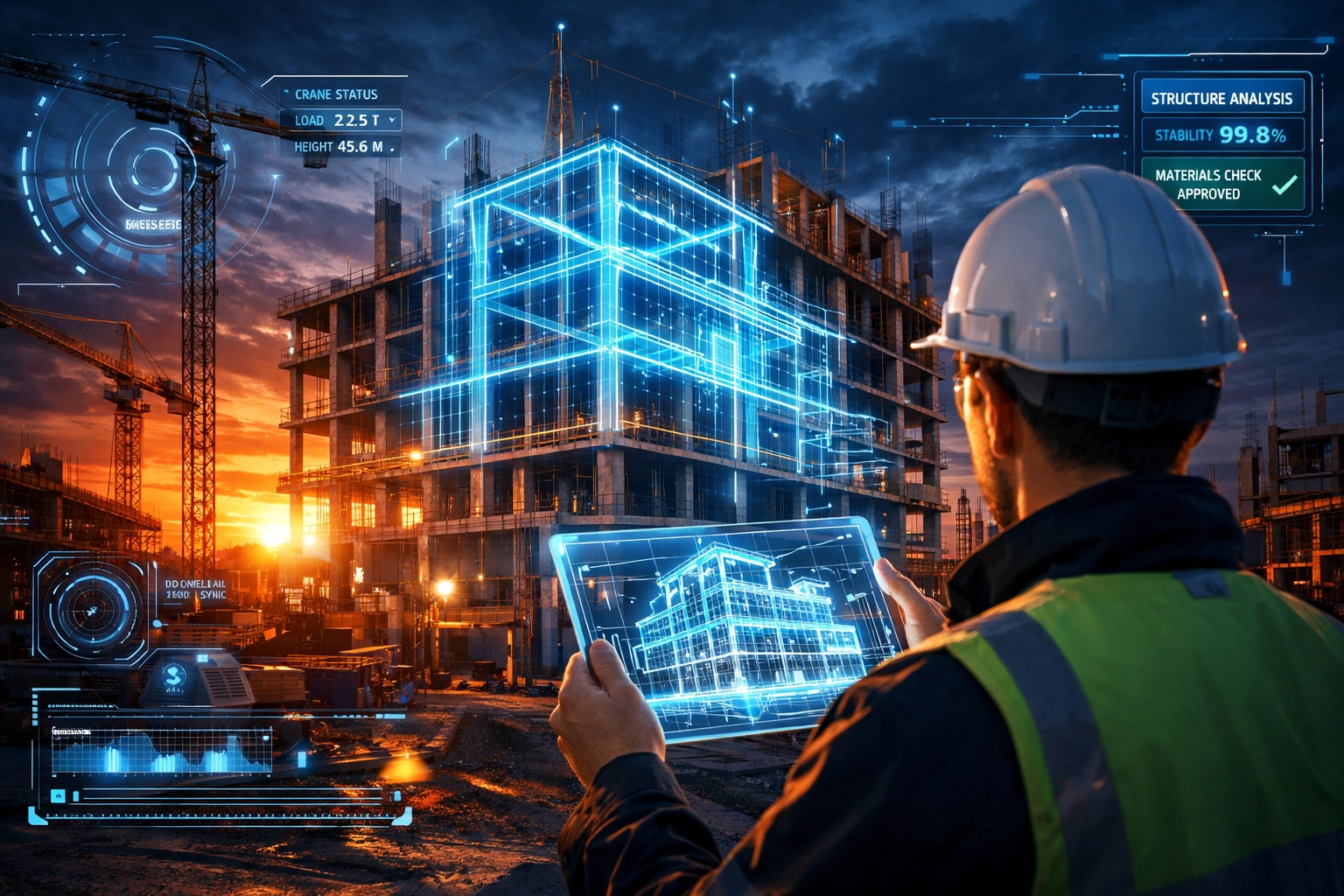 Bauleiter prüft Baufortschritt mit KI-gestütztem Tablet für maximale Präzision auf der Baustelle.