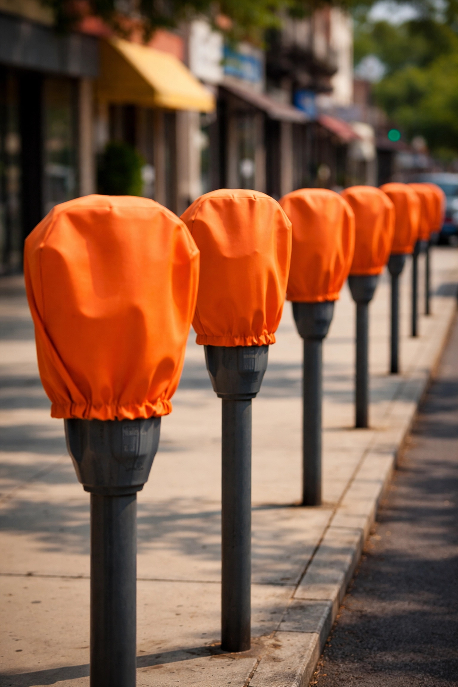 Row of parking meters covered with bright orange covers for temporary parking restriction during events or construction