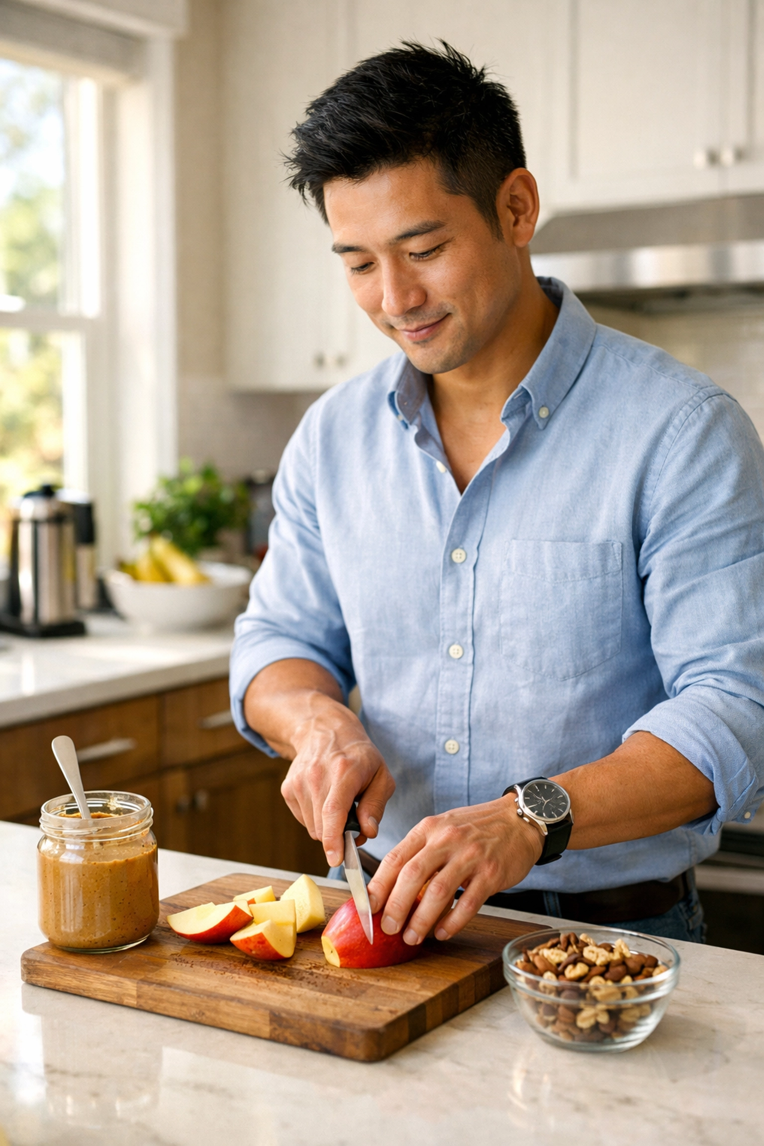 Man preparing healthy mid-morning snack with apple and almond butter