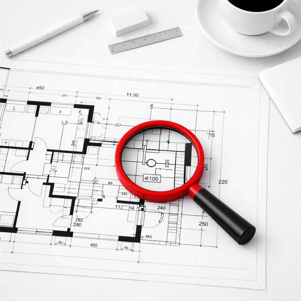 Plan d'architecte et loupe illustrant l'inspection d'un triplex à vendre à Québec.