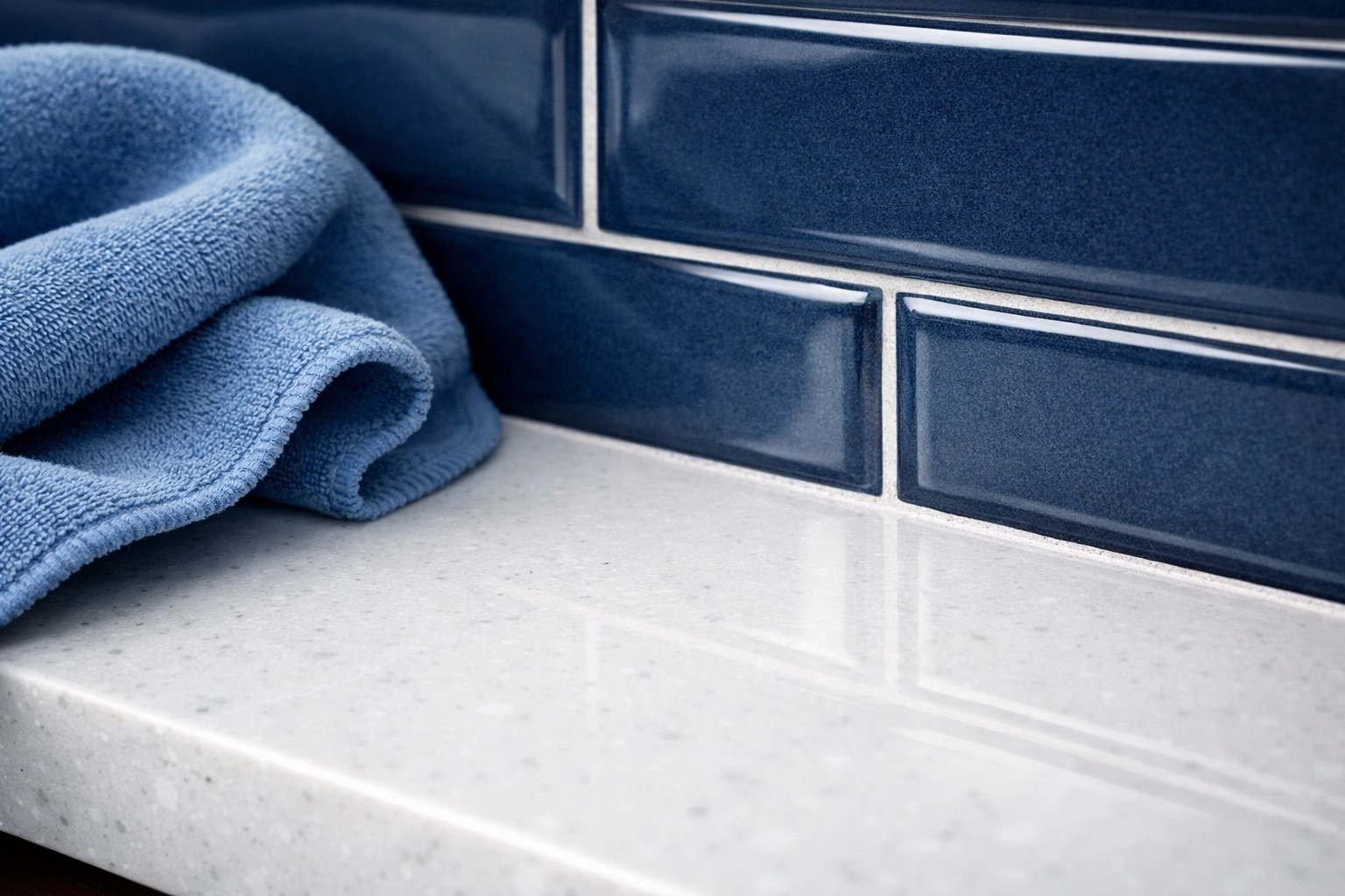 Close-up of a spotless quartz countertop in a Sudbury home showcasing detailed luxury house cleaning.