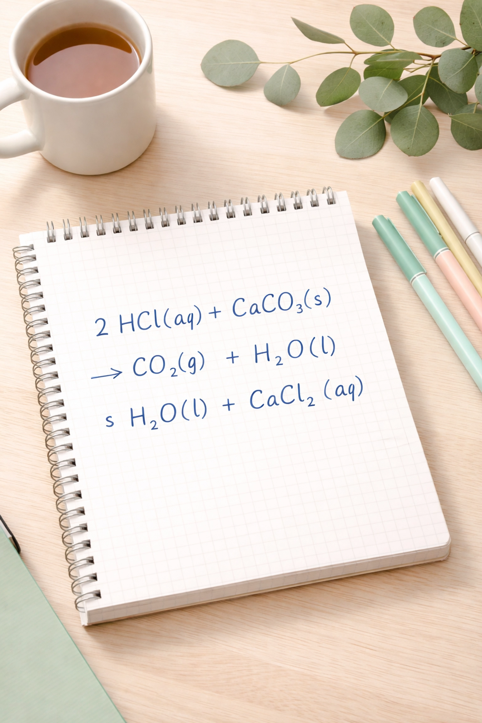 Open chemistry notebook featuring a balanced equation with clear state symbols for Chemistry exam prep