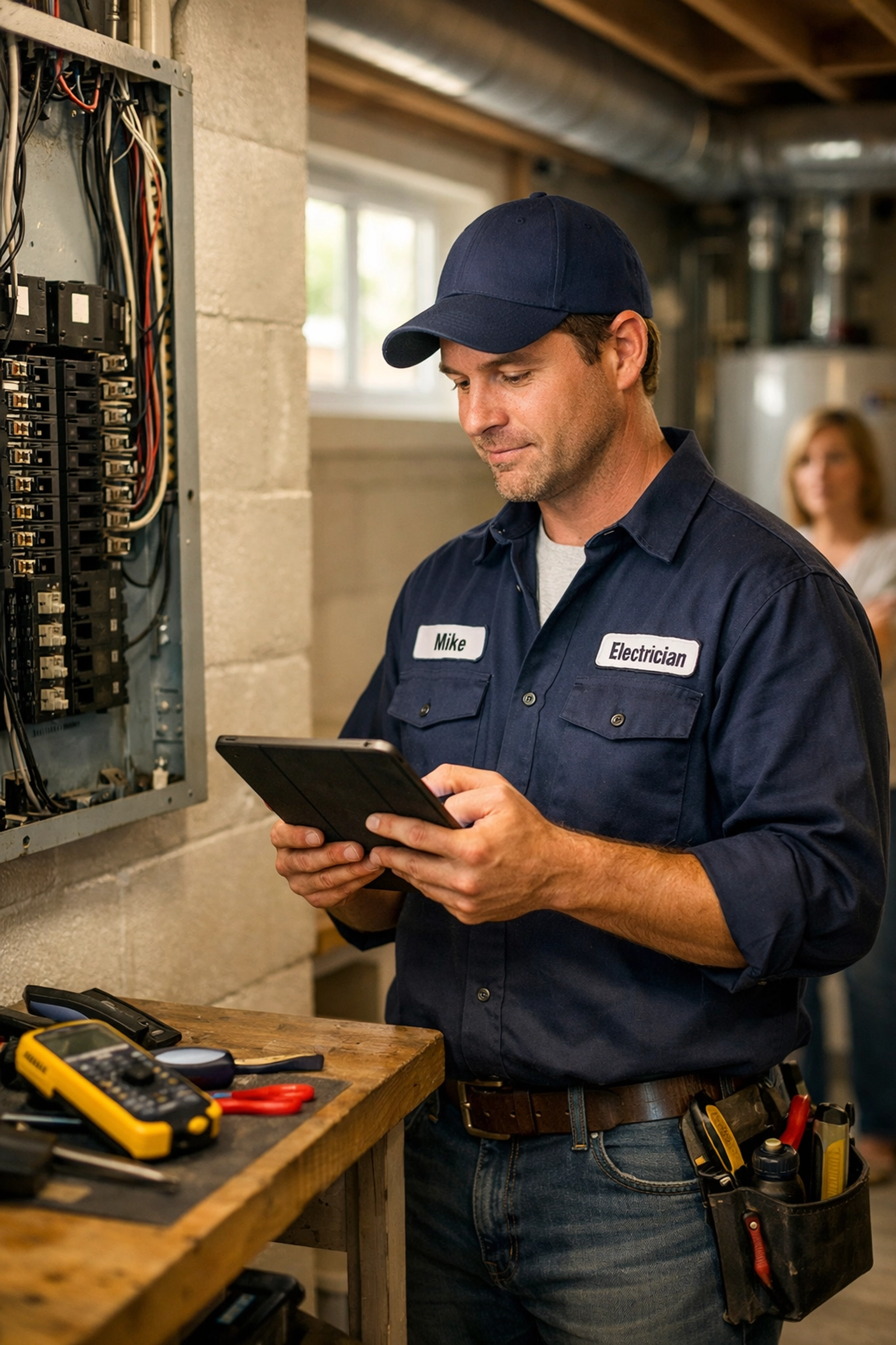 Professional electrician inspecting electrical panel in Parker home