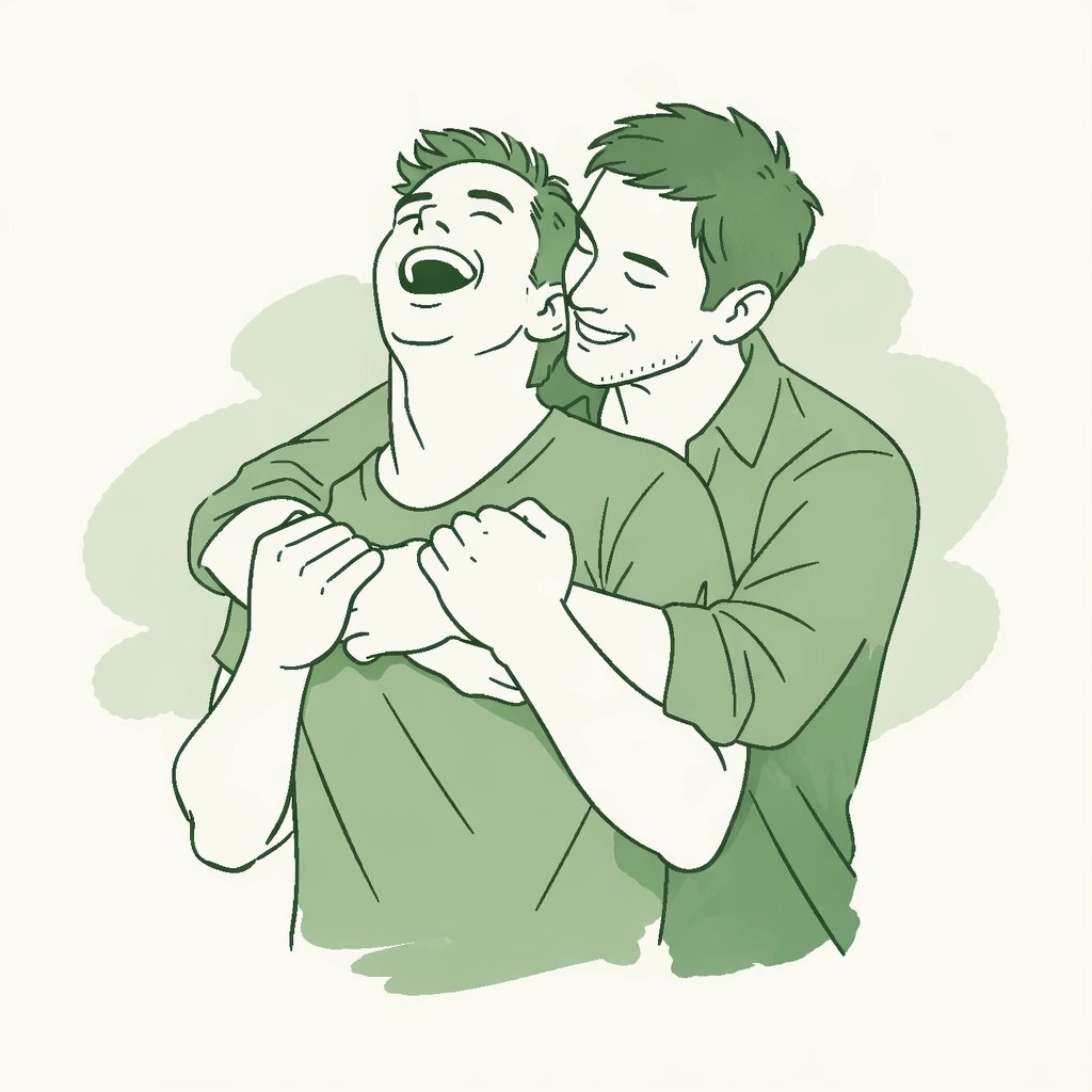 Gay couple celebrating a major transition milestone and identity alignment in a minimalist style.