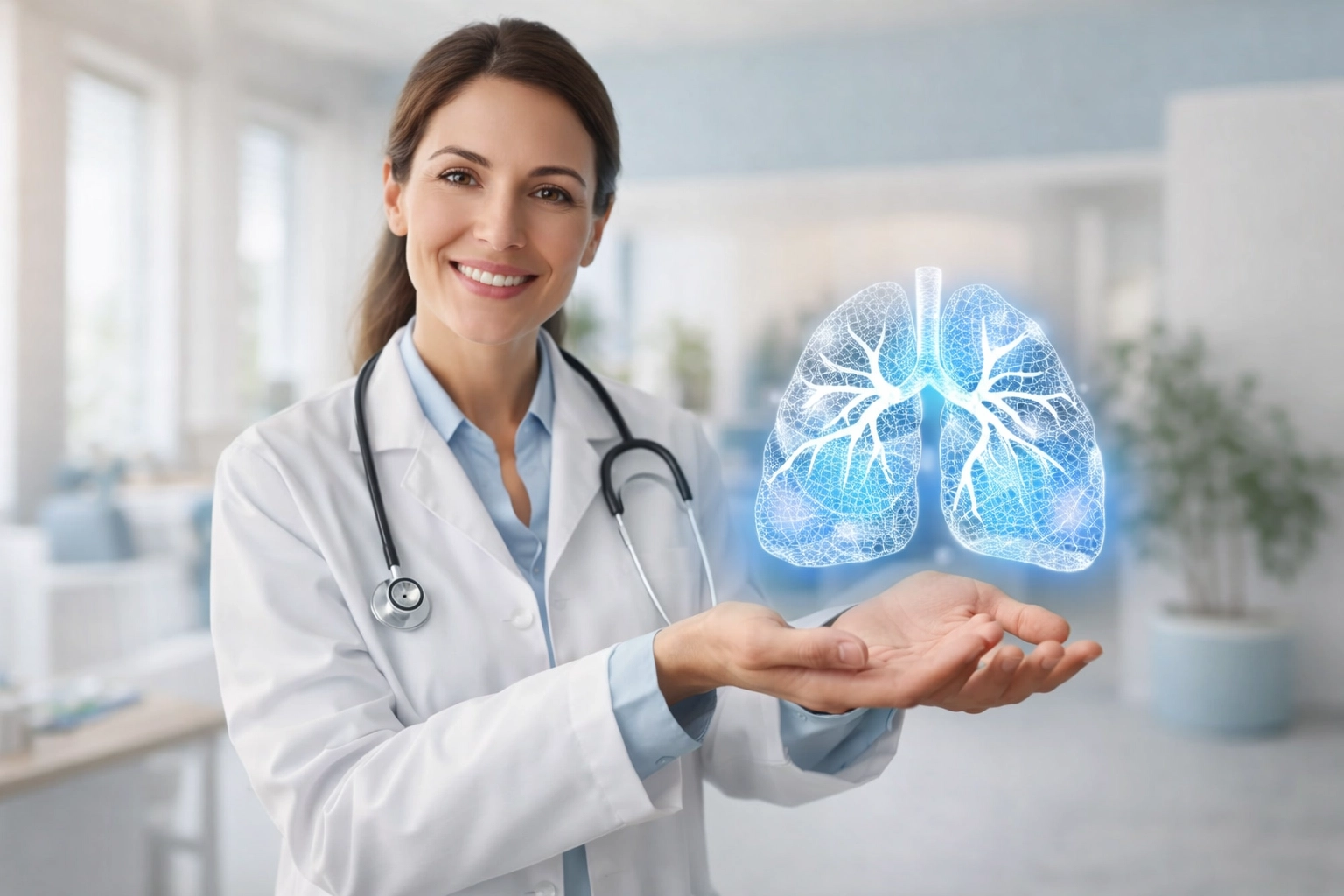 Warm, welcoming physician portrait in a modern clinic setting