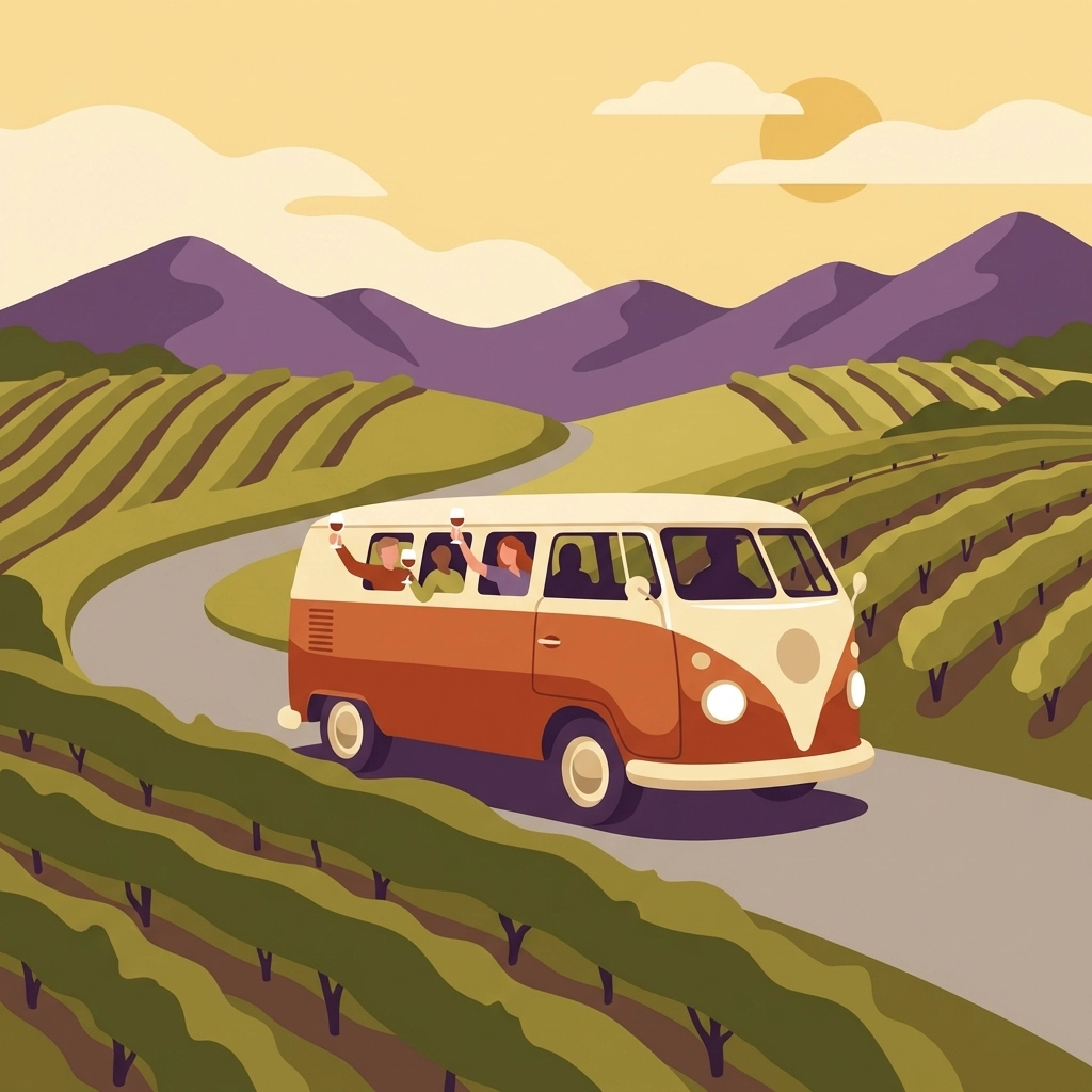 Luxury tour shuttle winding through scenic Virginia vineyards with mountains in the background