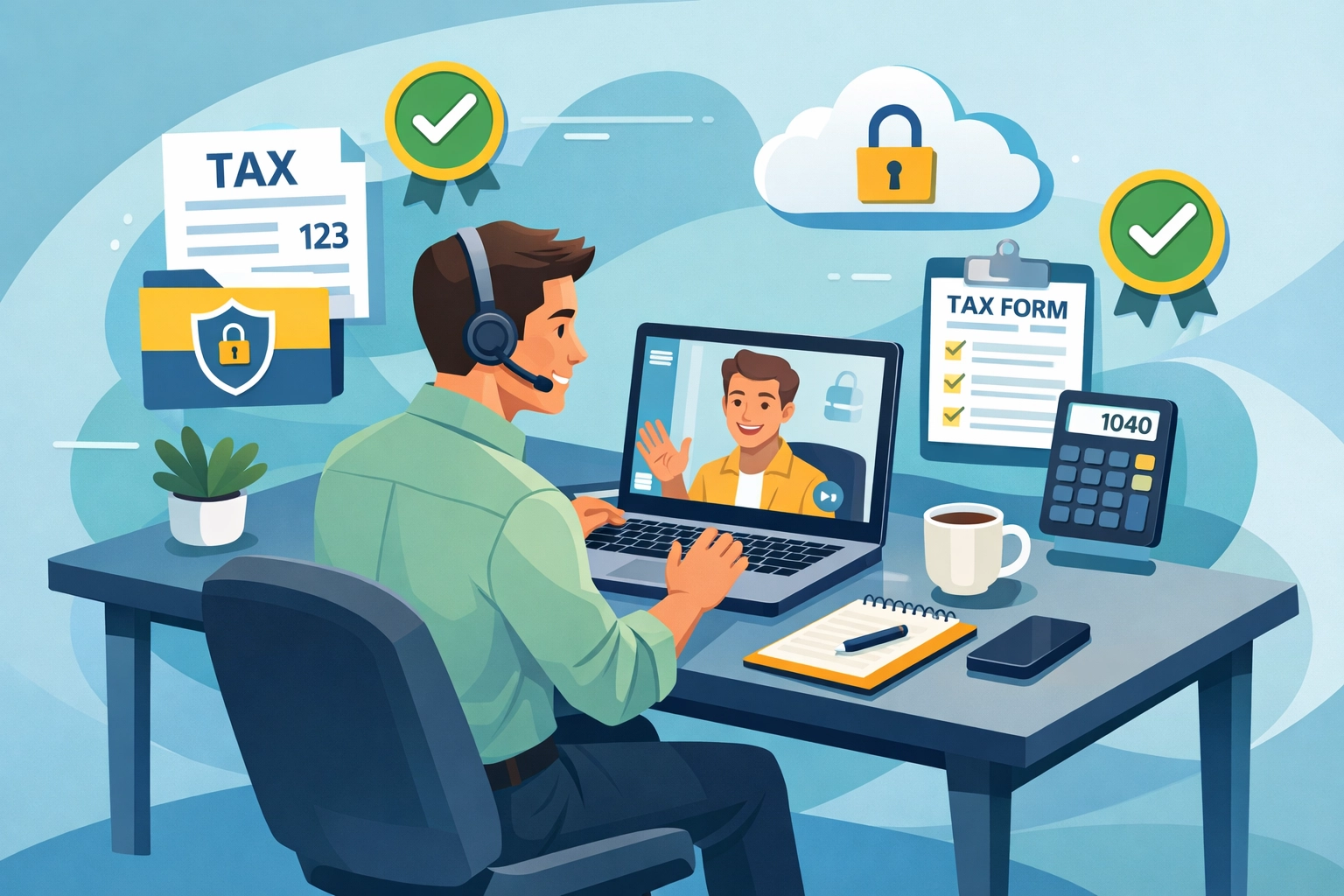 Virtual tax consultation via video call between tax professional and client from home