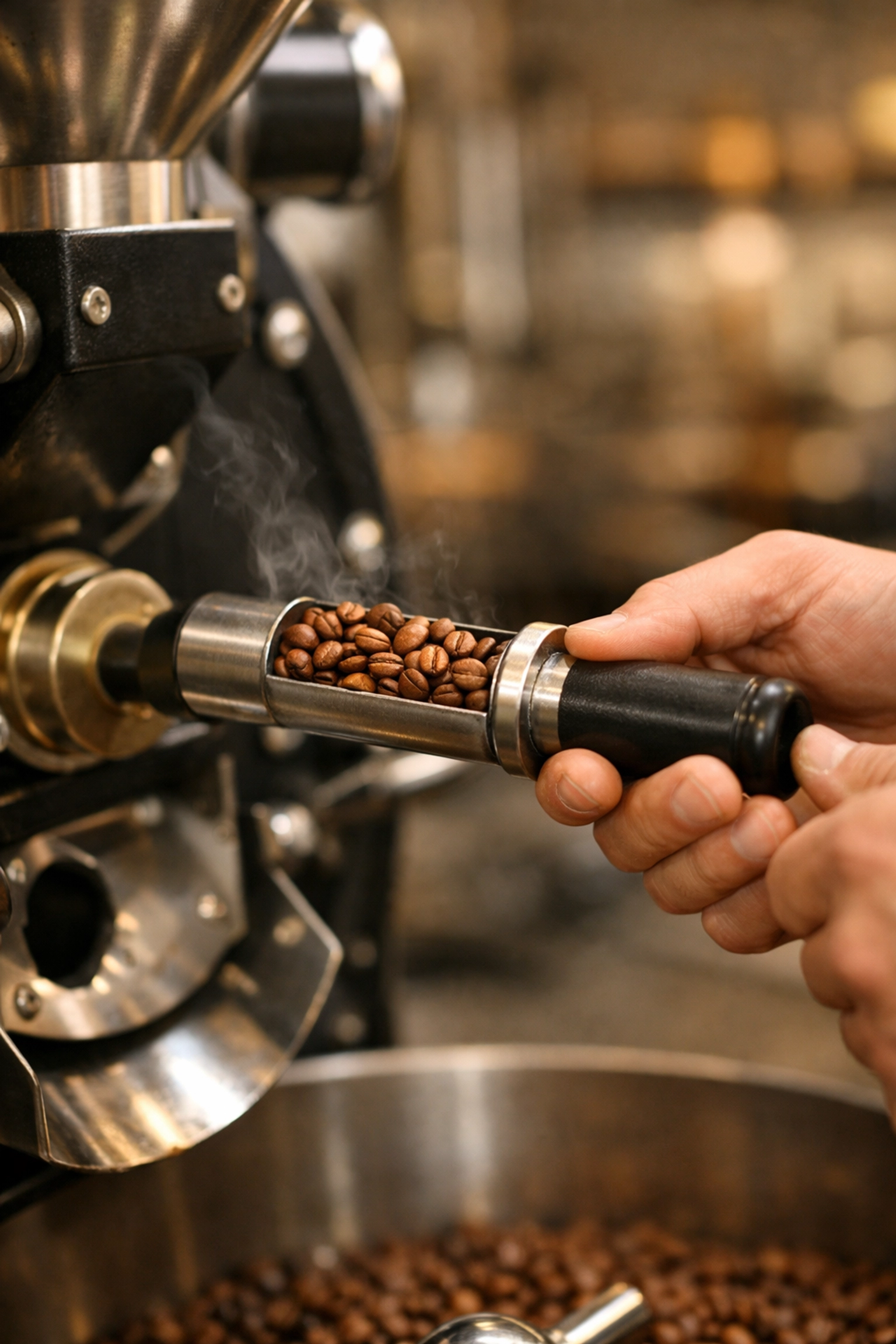 Artisanal wholesale coffee roaster checking a batch of fresh roasted specialty beans.
