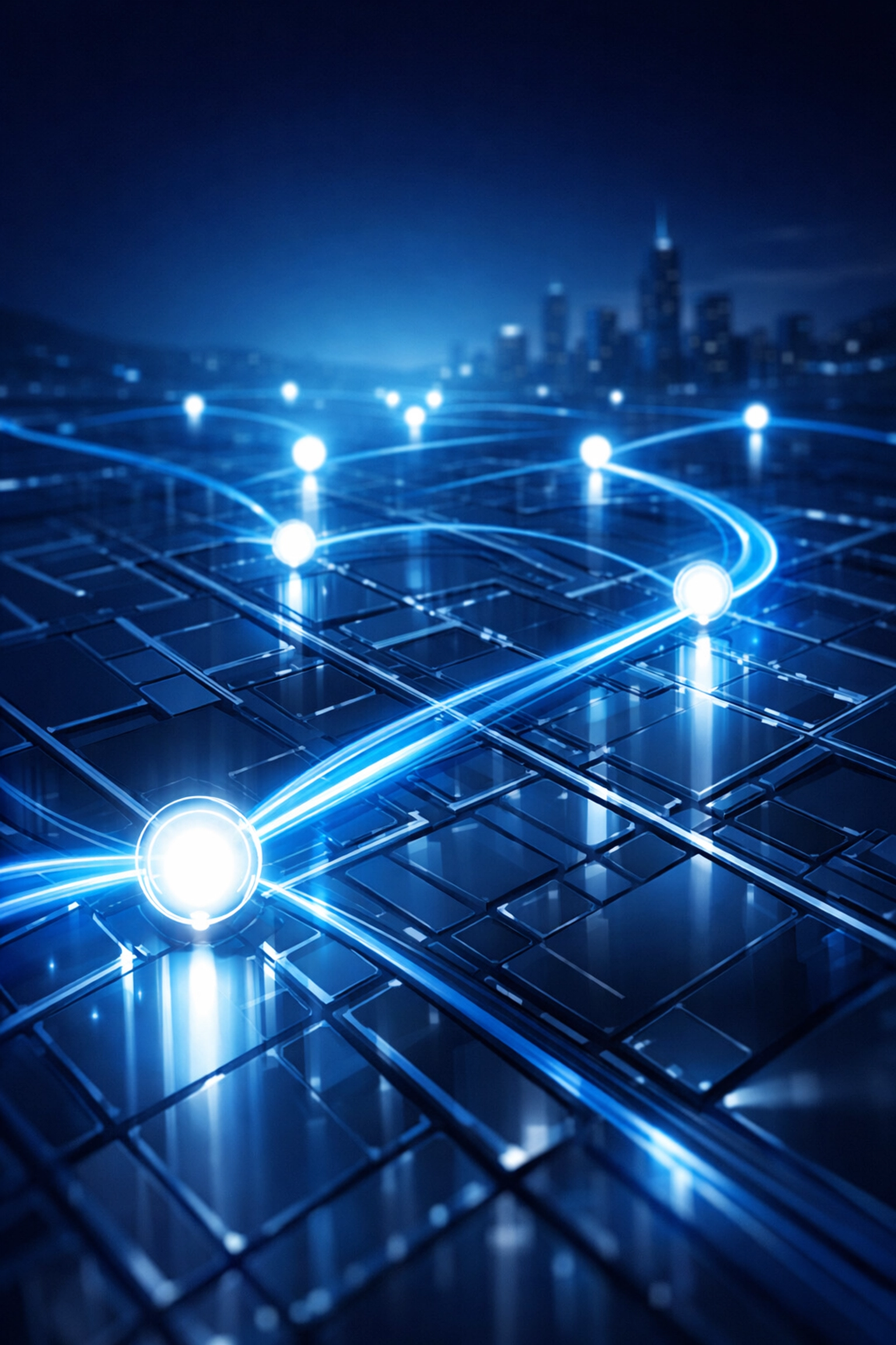 Network map with data connection points illustrating automated business scaling and multi-location visibility.