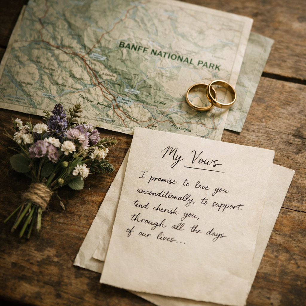 Banff elopement planning materials with wedding rings, wildflowers, and handwritten vows