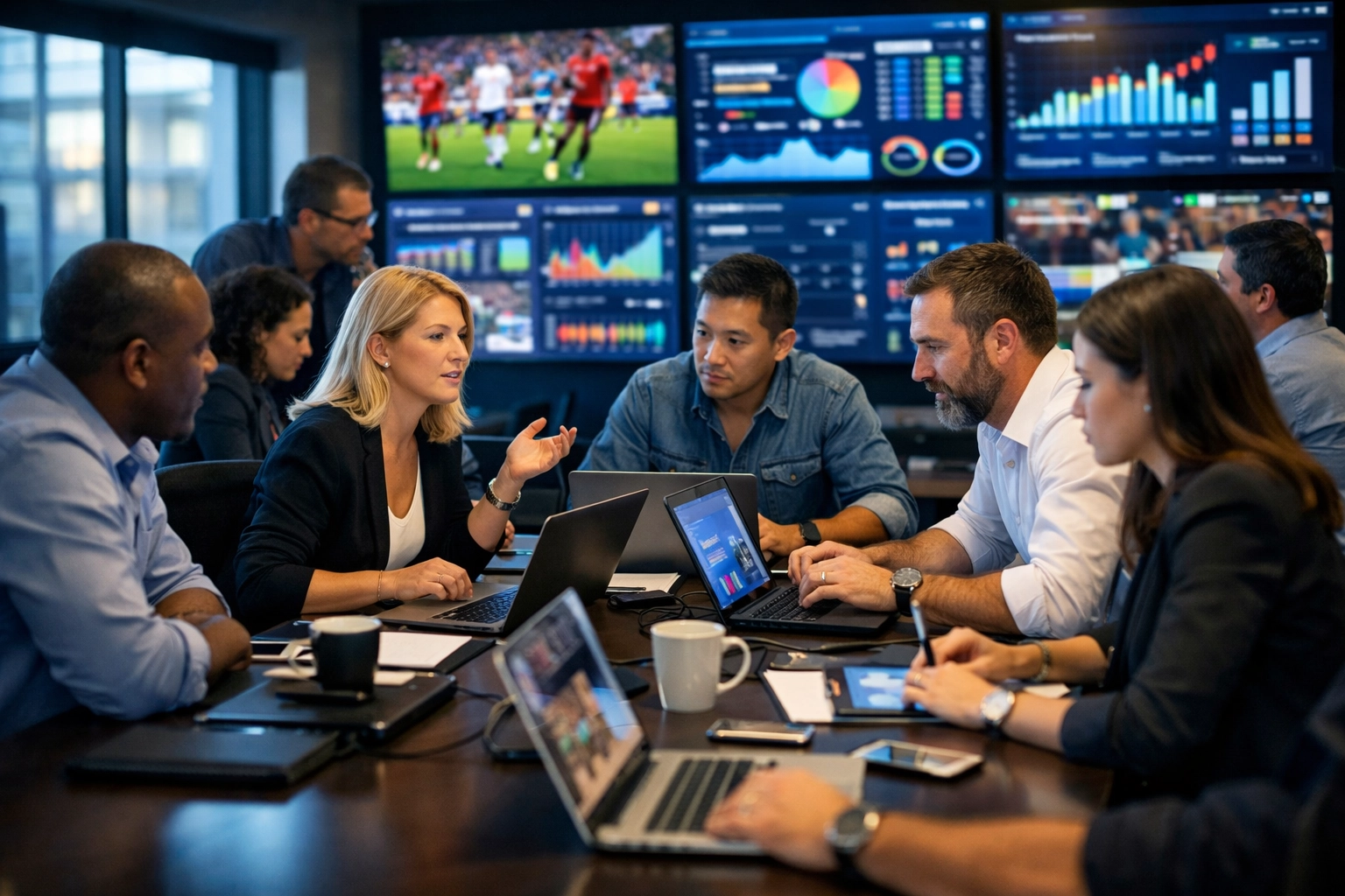 Marketing team in a high-energy advertising war room monitoring real-time Super Bowl data on multiple screens.
