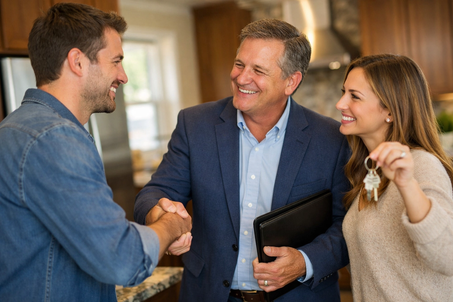 Friendly realtor Clarks Summit PA shaking hands with a happy couple in a sunny kitchen after closing a successful deal.
