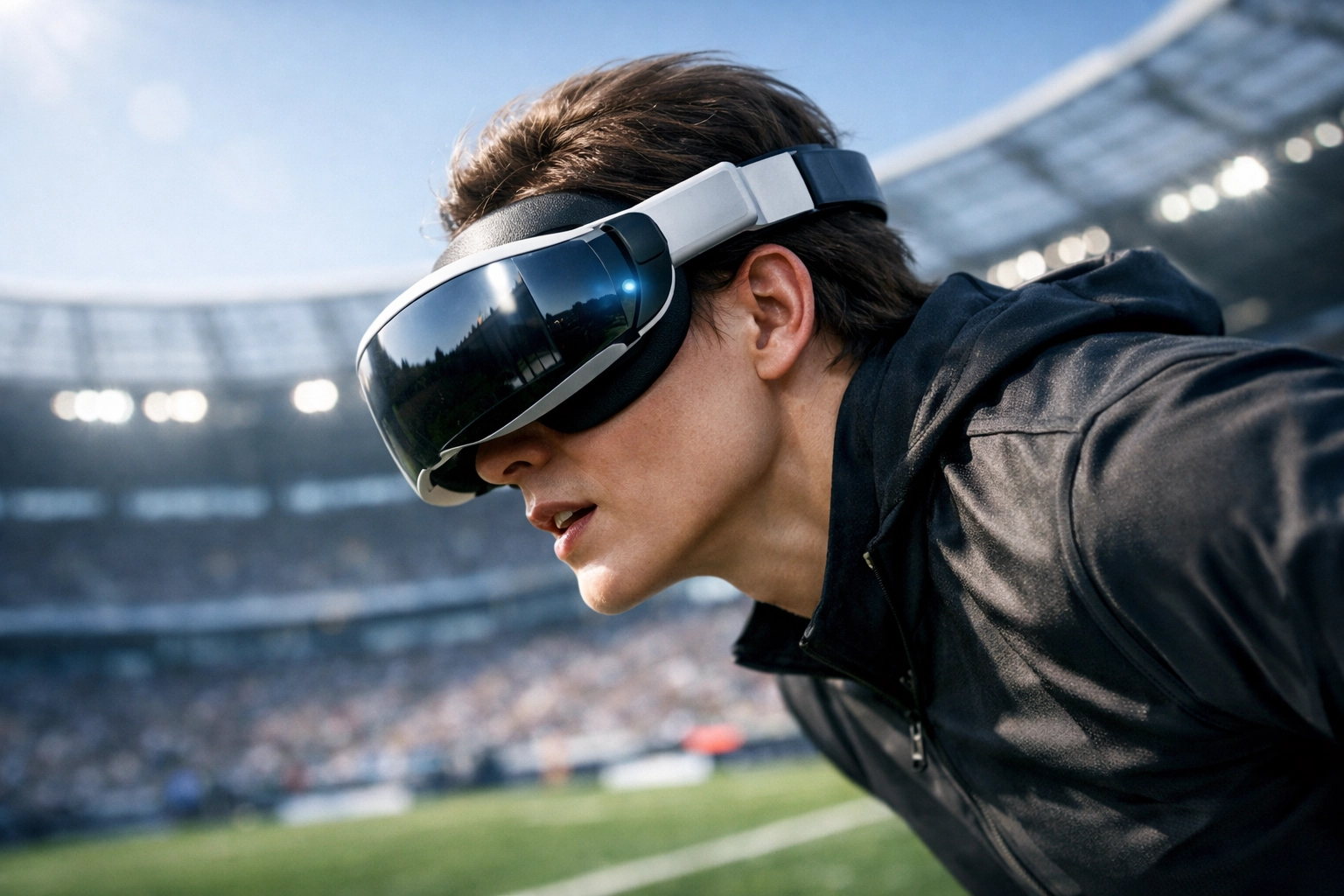 Fan wearing a VR headset for an immersive Super Bowl 2026 virtual drone racing experience.