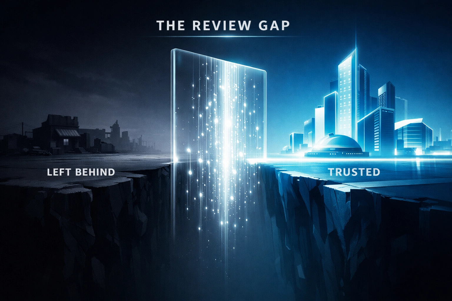 Digital visualization of the AI review gap separating low-rated businesses from trusted local search results.