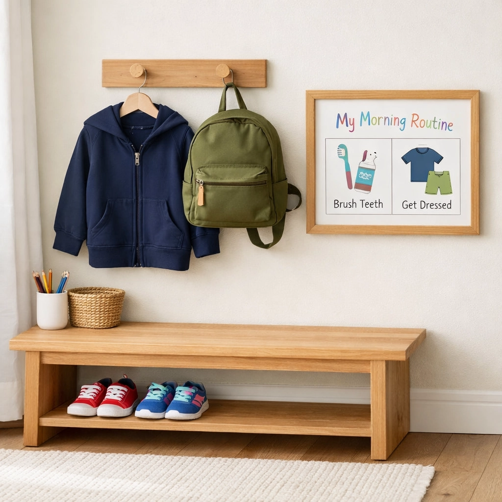 Organized launch pad with an ADHD morning hacks routine chart and sensory friendly clothing.