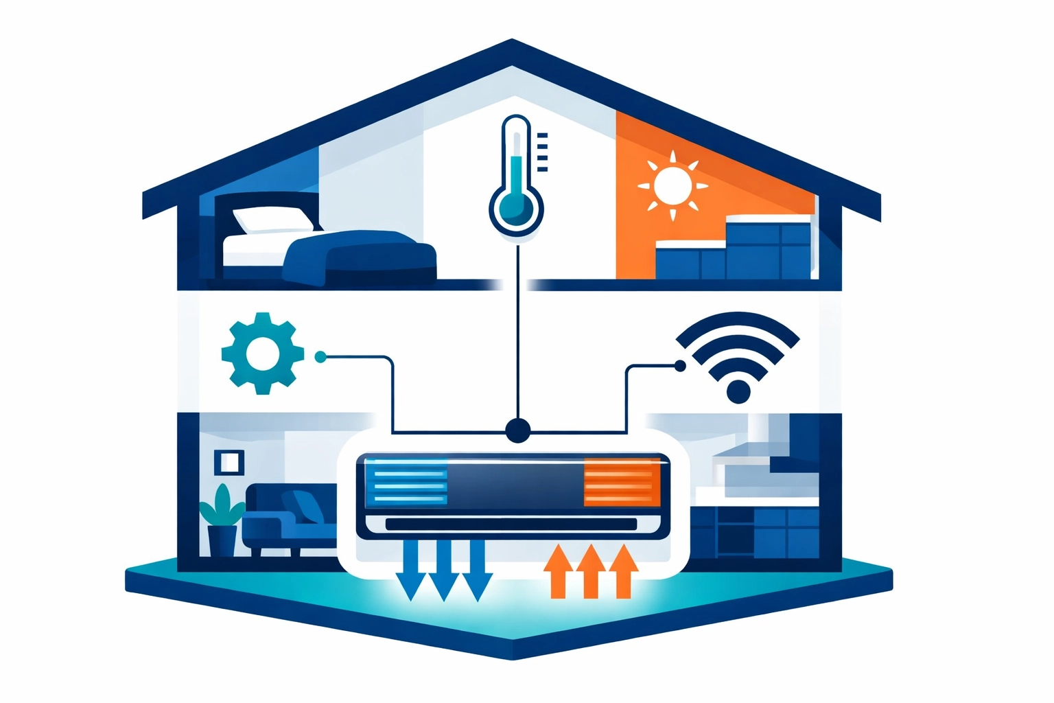 Modern home illustration showing smart HVAC system and climate control icons for energy efficiency tracking.